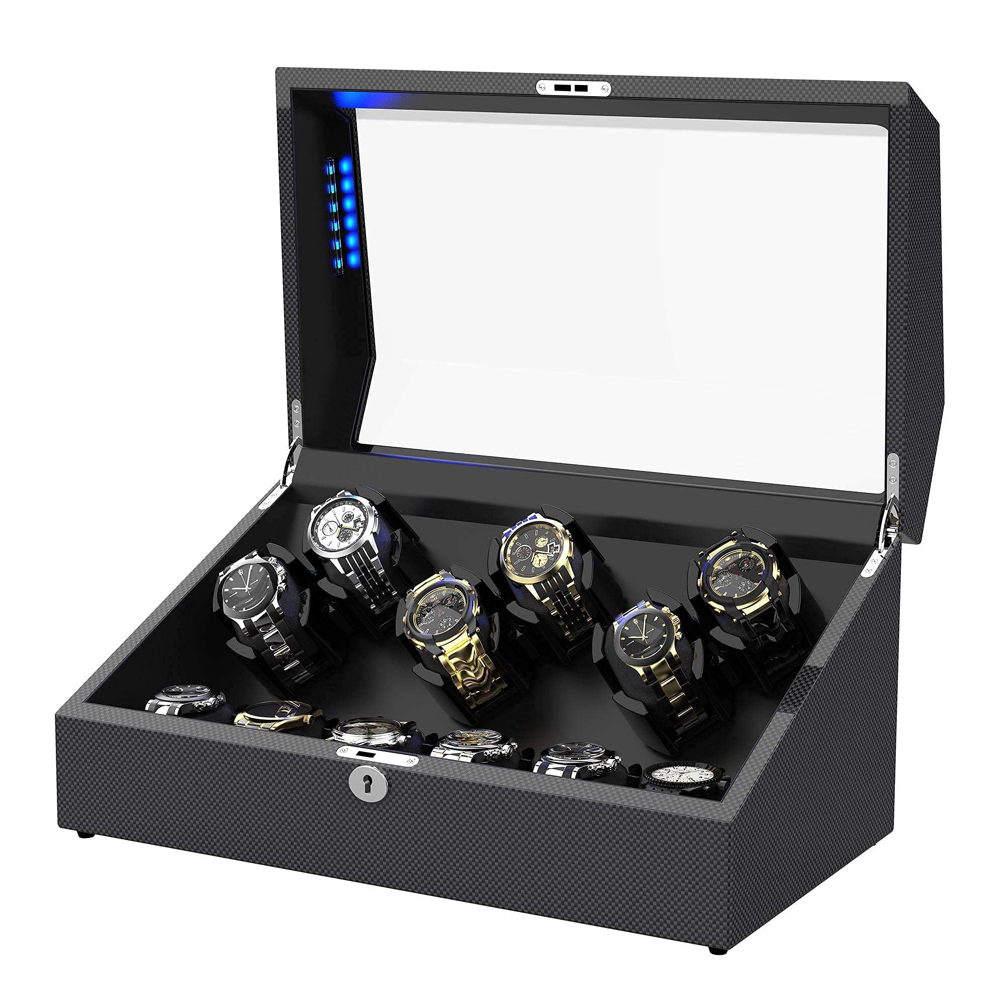 Premium 12 Automatic Watch Winder with Carbon Fiber Shell - Adjustable Watch Pillows, LED Lighting & 6 Extra Storage Slots | Perfect for Watch Collectors, Display Cases & Luxury Home Decor