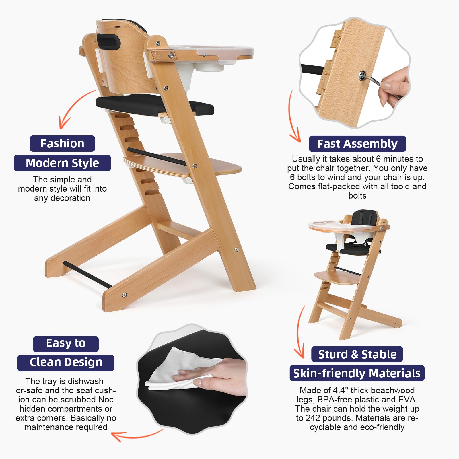 Cowiewie Natural Wooden High Chair for Babies & Toddlers - 3-Tier Removable Tray, 8 Adjustable Heights with Cushions, Easy to Clean Baby Feeding Chair (Black) | Perfect for Dining, Weaning & Playtime