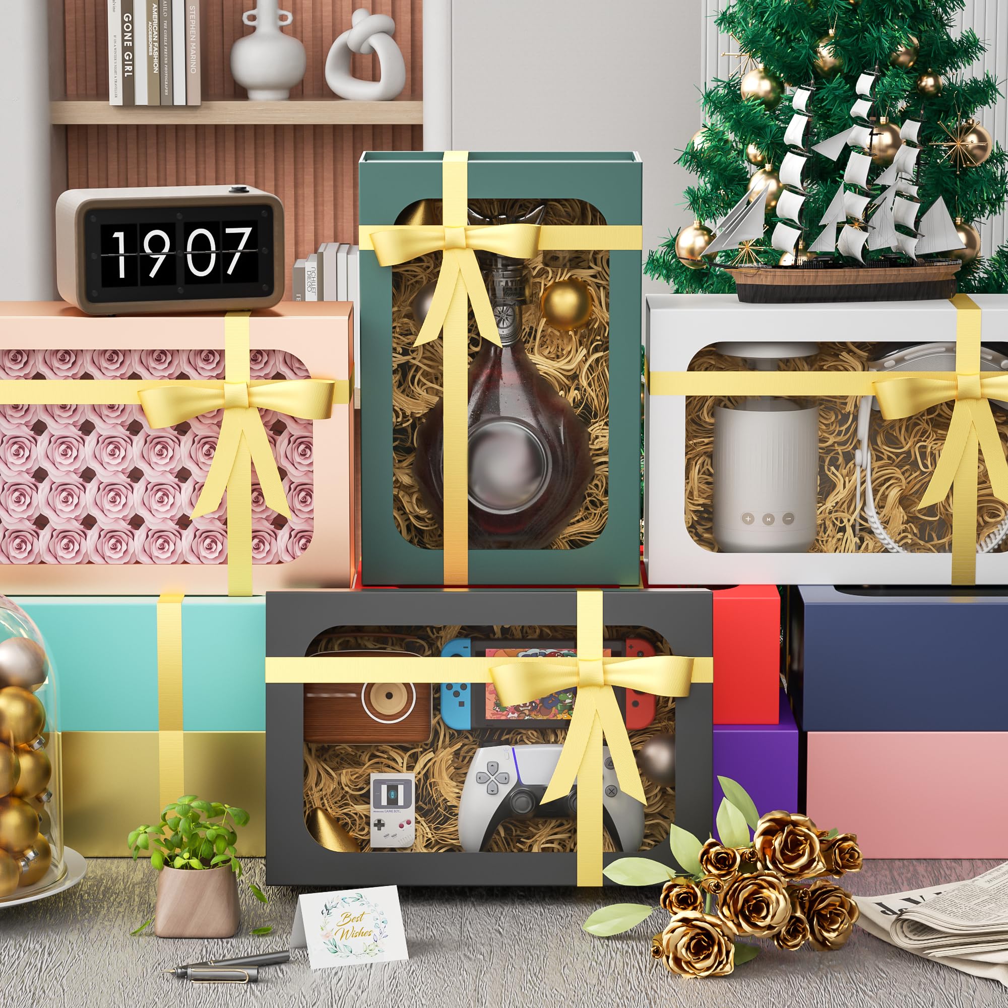 Large White Gift Box with Window - 13.5x9x4.3 Inches Magnetic Lid Collapsible Present Box for Bridesmaid Proposal, Wedding, Birthday, Christmas - Includes Card & Ribbon - Perfect for Party Favors, Holiday Gifts and Special Occasions