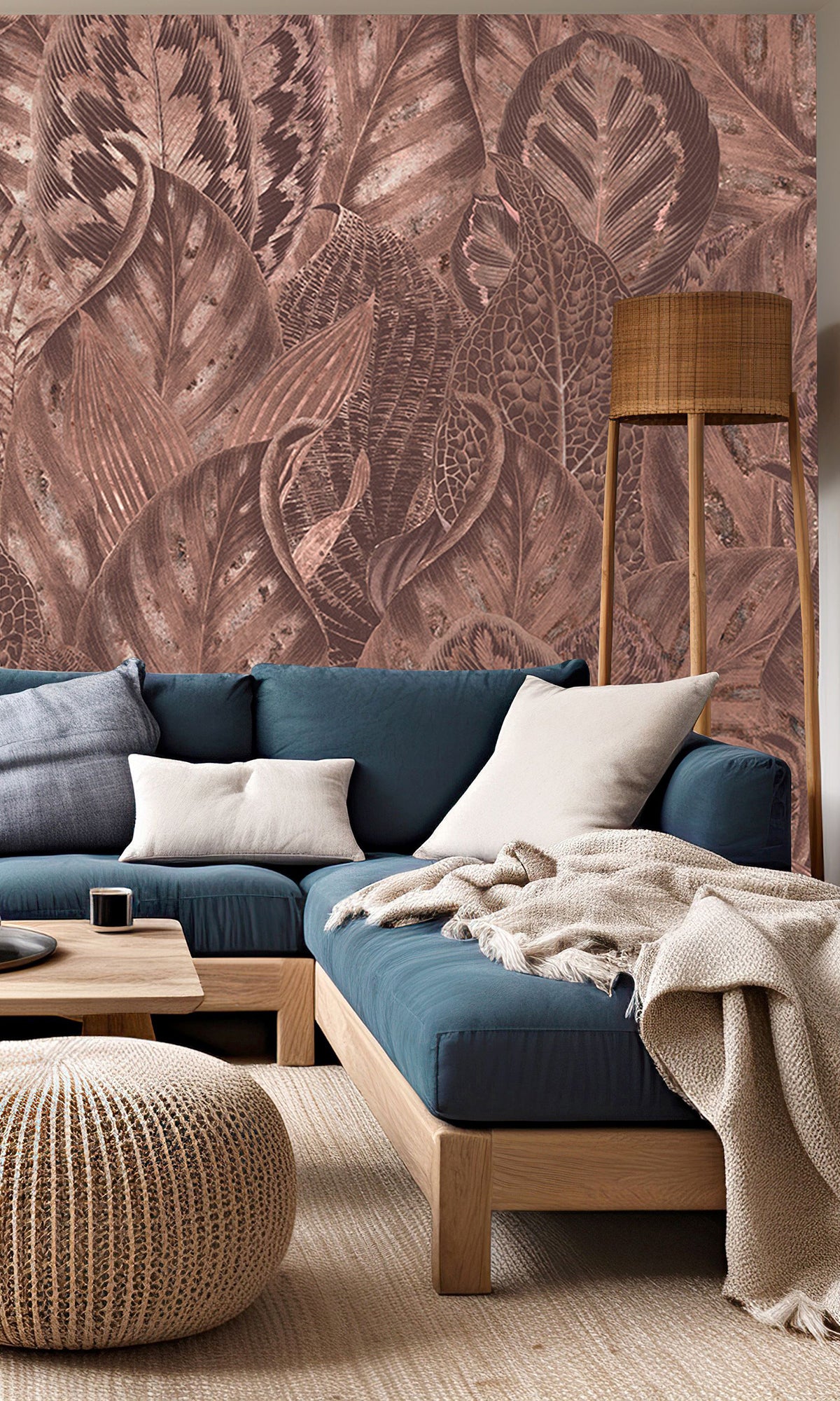 Copper Vibrant Leafy Collage Mural Wallpaper M2557 - Nature-Inspired Peel & Stick Wall Decor for Living Room, Bedroom, or Office