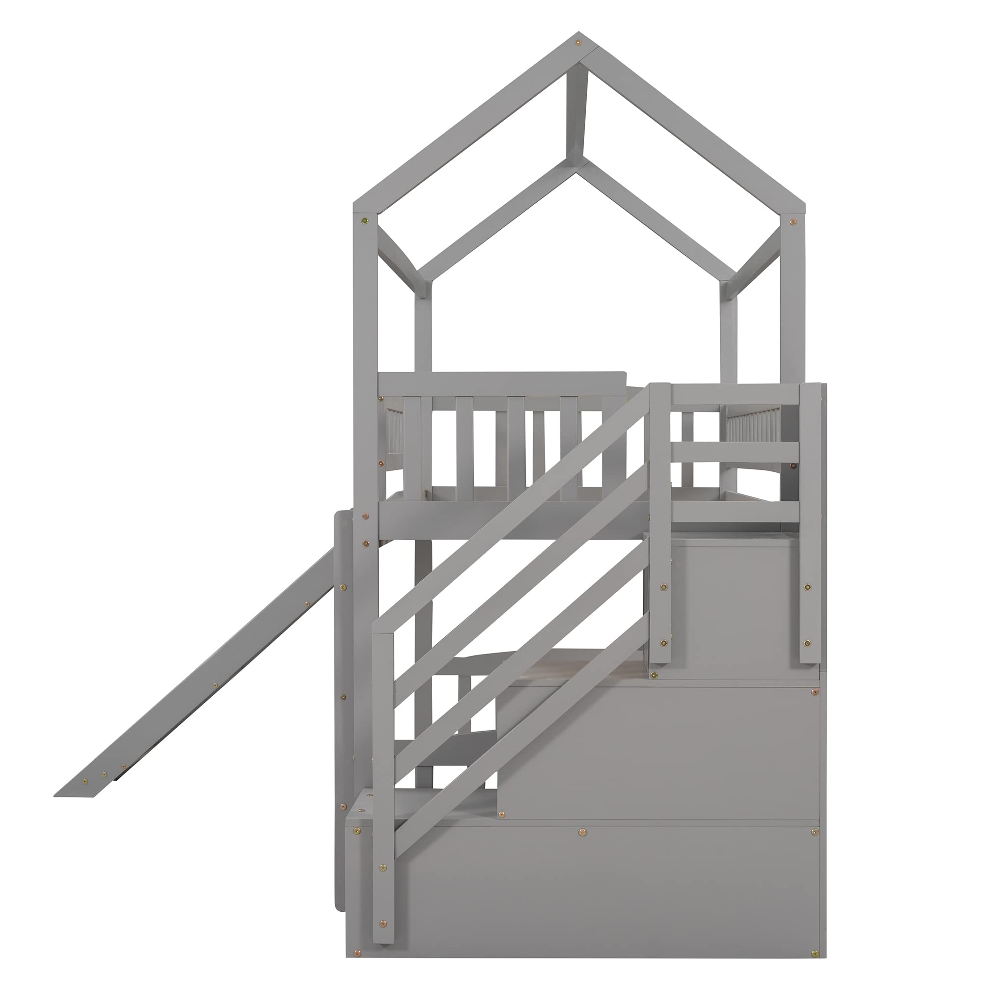 Twin Loft Bed with Slide & Stairs - Wooden House Cabin Bed for Kids & Toddlers with Storage Drawers | Space-Saving Kids Bedroom Furniture for Small Rooms & Play Areas (Grey)