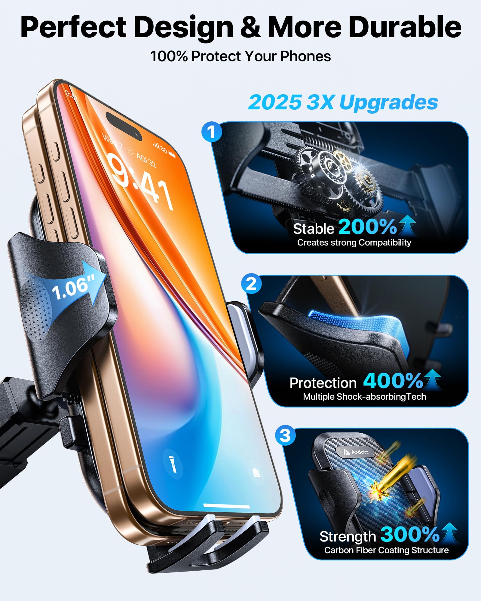 Andobil Car Phone Mount - 89+ LBS Ultra Strong Suction Cup Dashboard & Windshield Phone Holder for iPhone 16/15/14/13 Pro Max, Samsung S25/S24/S23 - Secure Hands-Free Driving for GPS Navigation & Music Control
