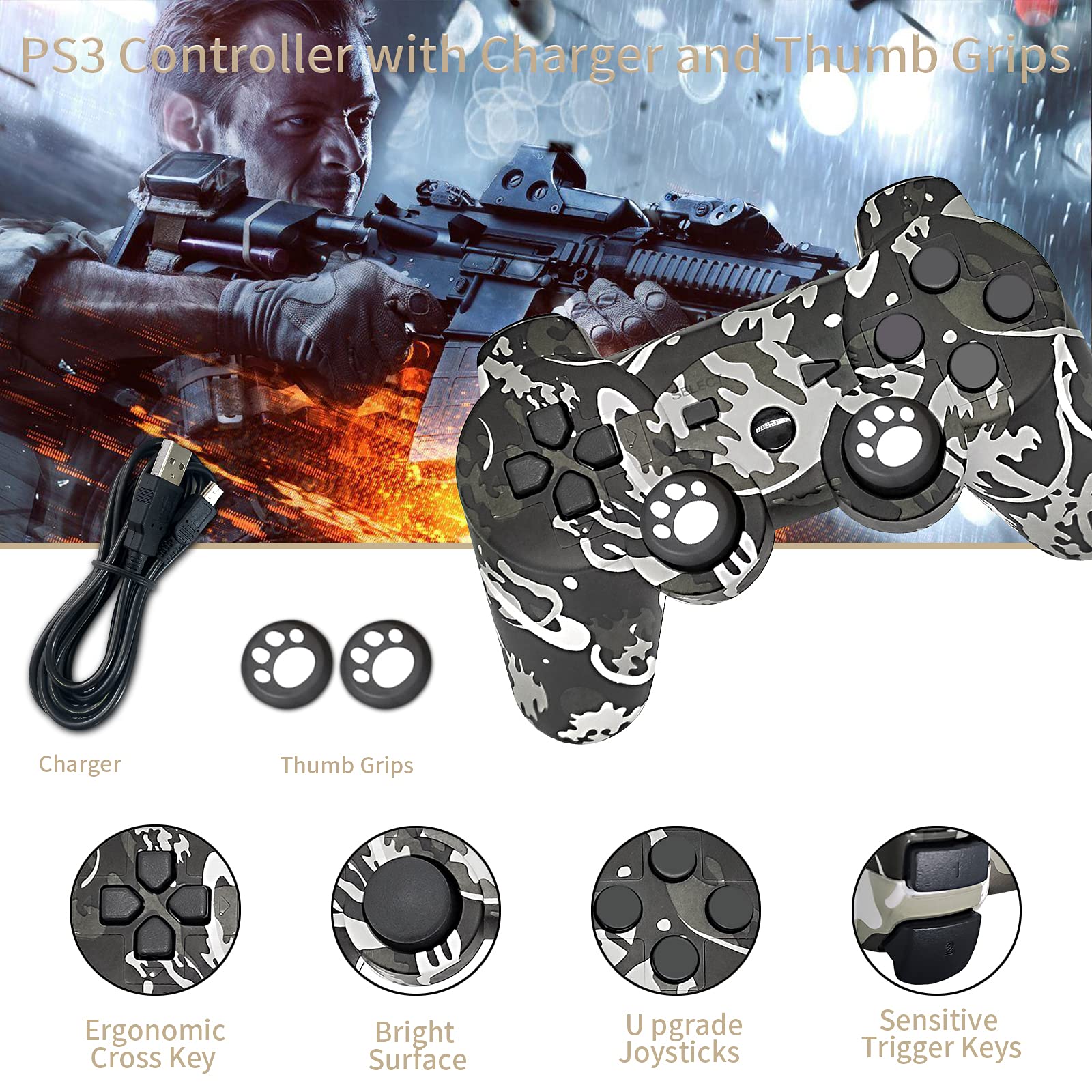 CFORWARD Wireless Game Controller for PS3 - Dual Vibration & 6-Axis Motion Sensor, Rechargeable with USB Charger & Thumb Grips - Perfect for Gaming, Streaming & Multiplayer Sessions