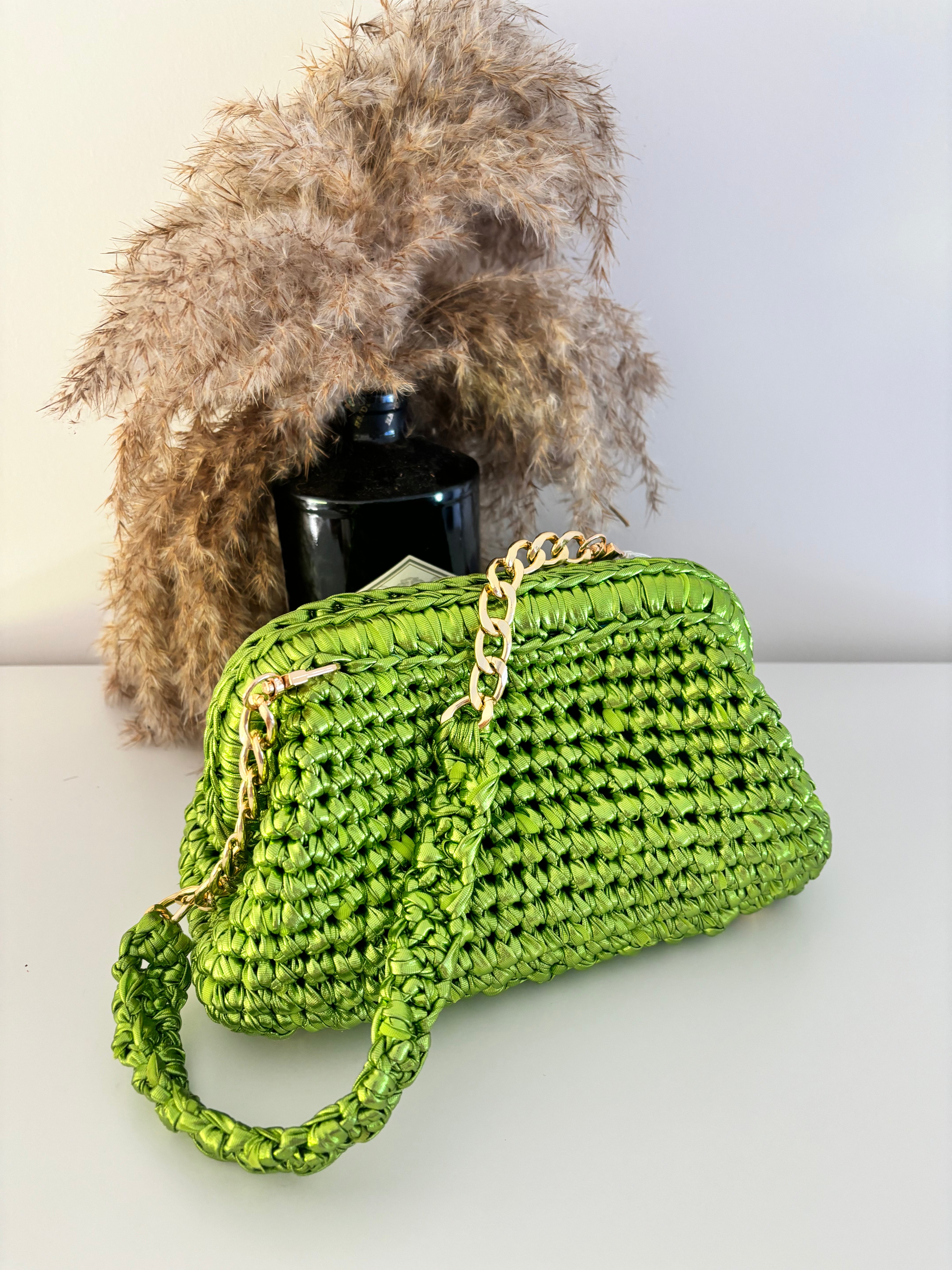 Premium Metallic Green Yarn Clutch Bag for Women - Elegant Evening Clutch for Parties, Weddings & Special Occasions