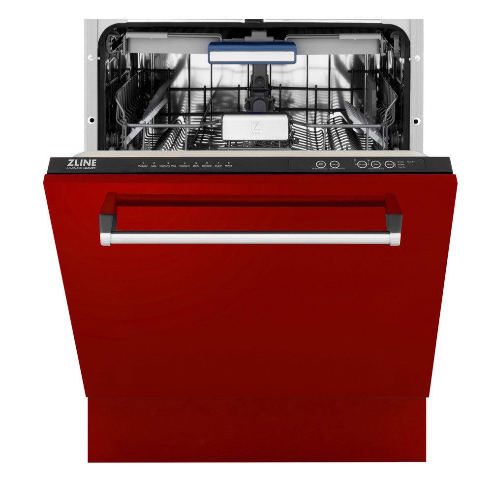 ZLINE 24 Inch Tallac Series 3rd Rack Dishwasher with Red Gloss Panel & Traditional Handle - 51dBa Ultra Quiet (DWV RG 24) | Perfect for Modern Kitchens, Small Spaces & Energy-Efficient Homes