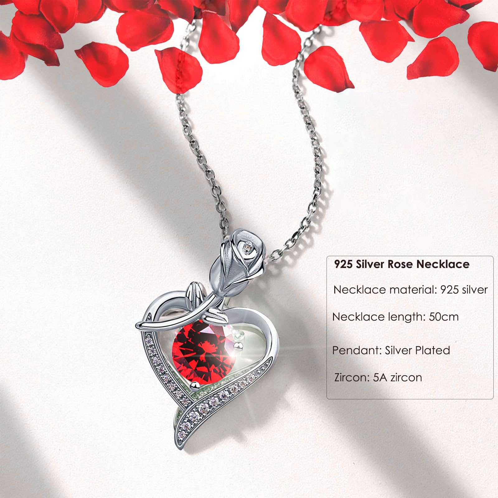 Real Preserved Rose Box with Austrian Crystal Necklace - S925 Heart Gemstone & Ruby Birthstone Pendant - Eternal Rose Gift for Women (Mother's Day, Anniversary, Valentine's Day) - Romantic Home Decor & Jewelry Storage