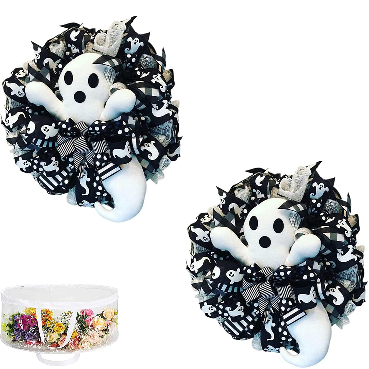 Large Halloween Ghost Wreath & Garland Set - Spooky Hanging Door Decor for Front Porch, Wall, Room - Perfect for Halloween Party & Home Decorations (2-Piece Set)