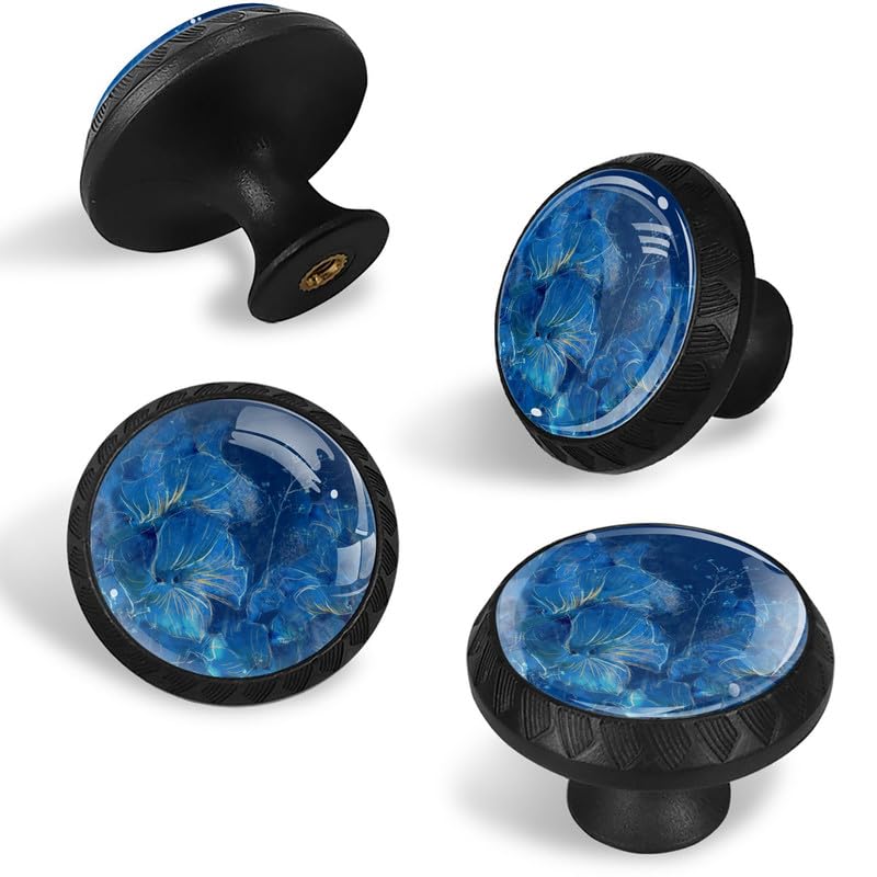 LORVIES Floral Cabinet Knobs 4-Pack - Blue Abstract Flower Design for Dresser, Drawer & Door