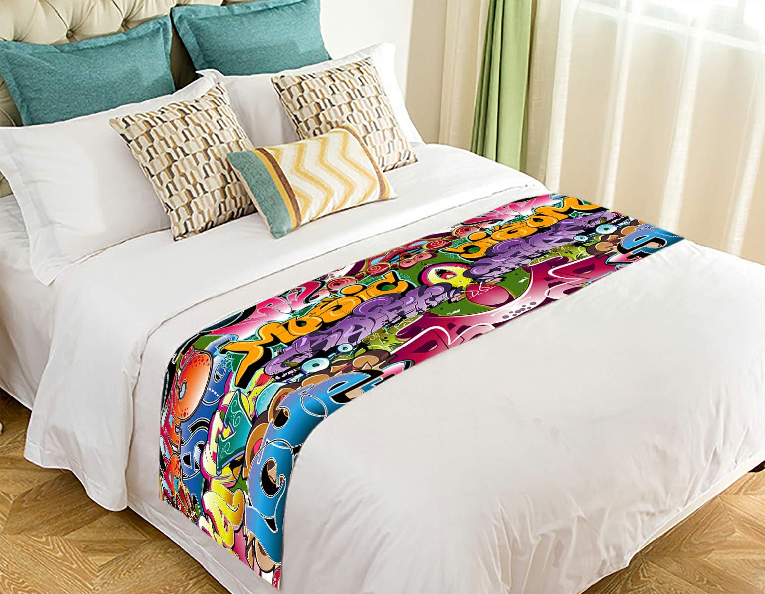 ECZJNT Graffiti Urban Wall Bed Runner - 20x95 Inch Decorative Bed Scarf for Modern Home Decor | Perfect for Bedroom, Dorm, or Guest Room Styling