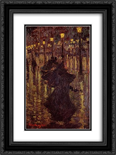 Evening Shower Paris Art Print - 18x24 Inch Black Ornate Framed Painting with Double Matting by Maurice Prendergast | Vintage Wall Decor for Living Room, Bedroom & Office