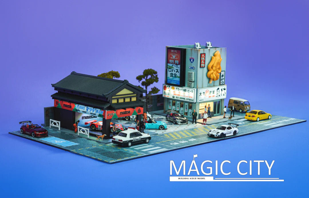 1:64 Scale Mazda Showroom & Japanese Squid Yaki Shop Model - Miniature Toy Car Collection for Display & Diorama Scenes - Perfect for Car Enthusiasts & Model Train Layouts