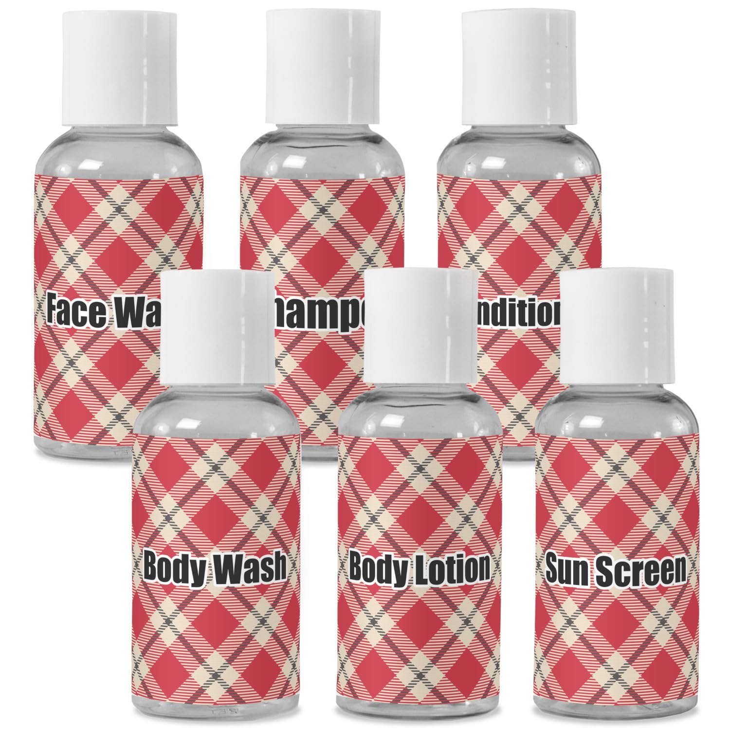 Custom Personalized Red & Tan Plaid Travel Bottles - Leak Proof Toiletry Containers for Shampoo, Lotion & Cosmetics | Perfect for Vacation, Gym & Air Travel