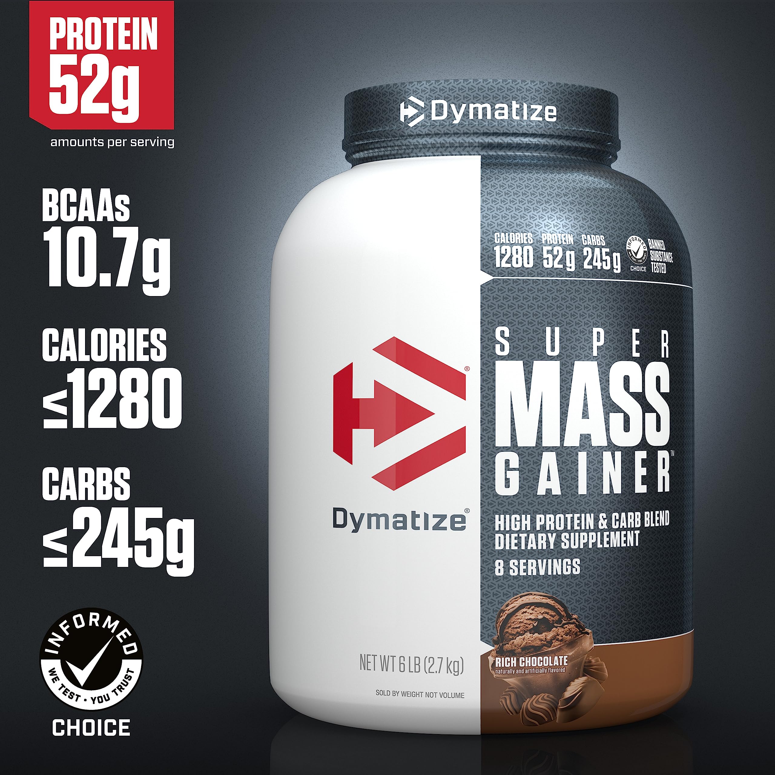 Dymatize Super Mass Gainer Protein Powder - Rich Chocolate Flavor | 52g Protein, 1280 Calories, 10.7g BCAAs | Whey Protein Isolate & Casein Blend | 8 Servings | Perfect for Muscle Building, Weight Gain & Post-Workout Recovery