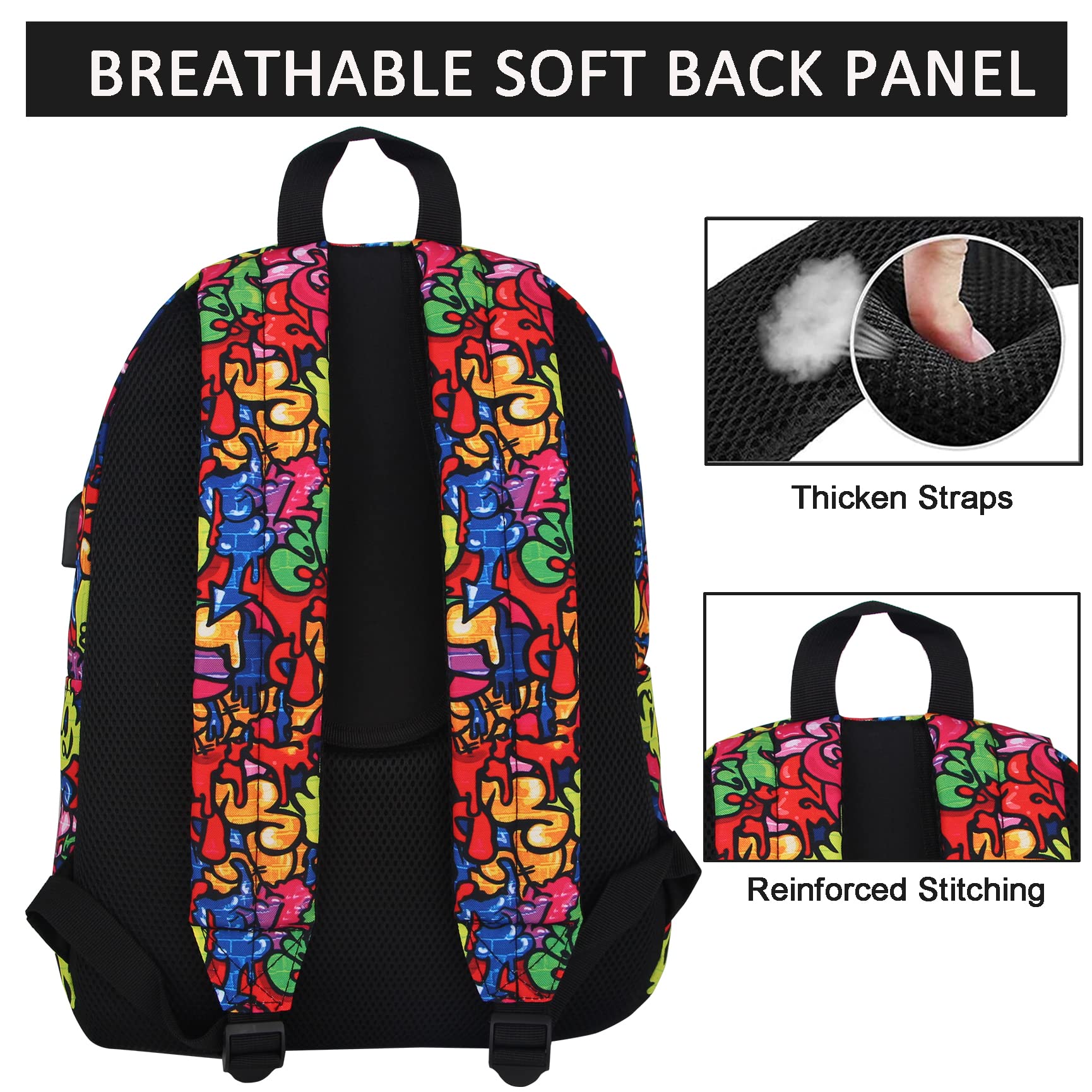 SUPACOOL USB Charging Laptop Backpack - Lightweight College Bag for Men & Women, Graffiti Design - Perfect for Work & Travel