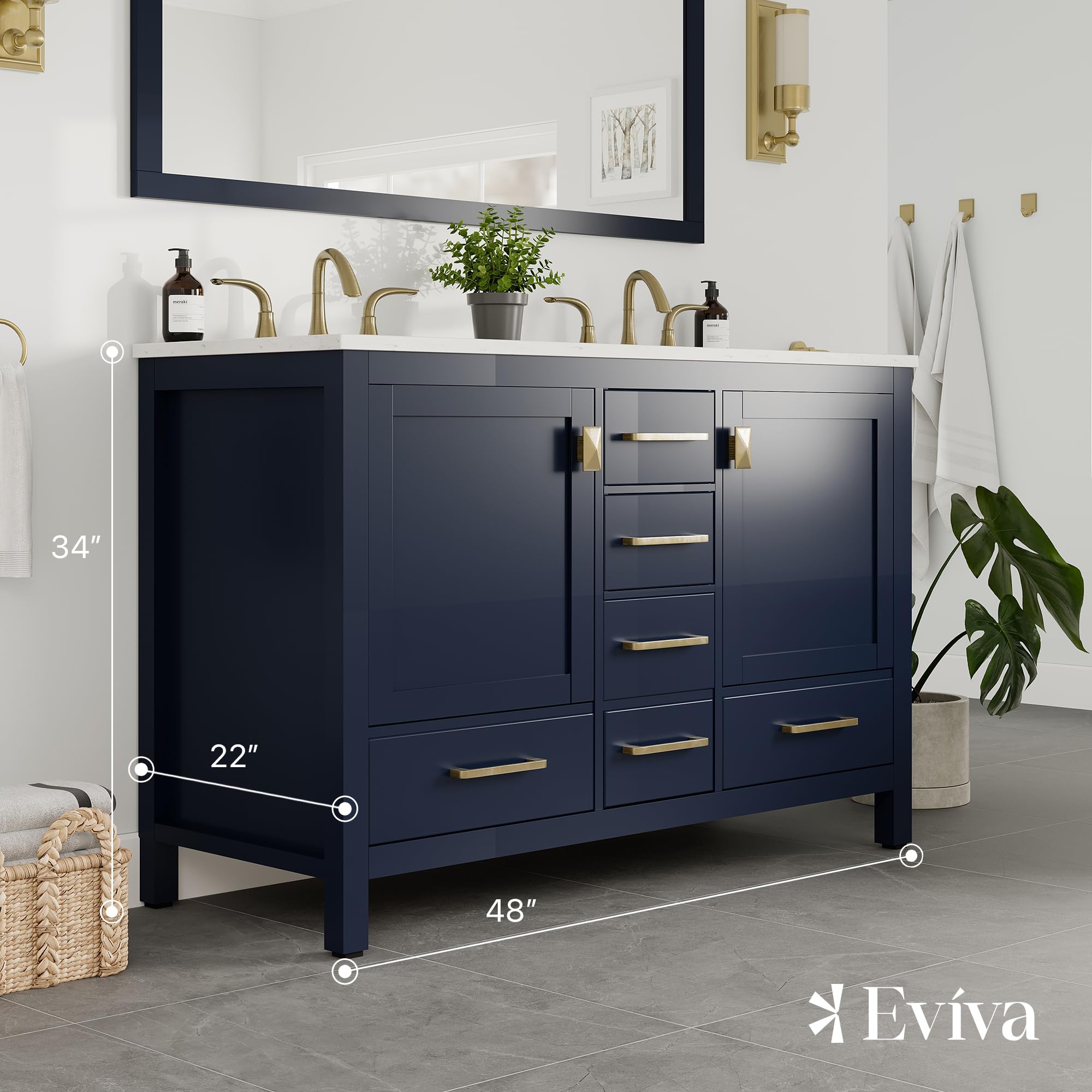48 Inch Blue Bathroom Vanity with Carrara Quartz Top & Double Sink - Freestanding Vanity Cabinet with Spacious Storage & Wood Countertop - Perfect for Master Bathroom, Guest Bath or Powder Room Remodel
