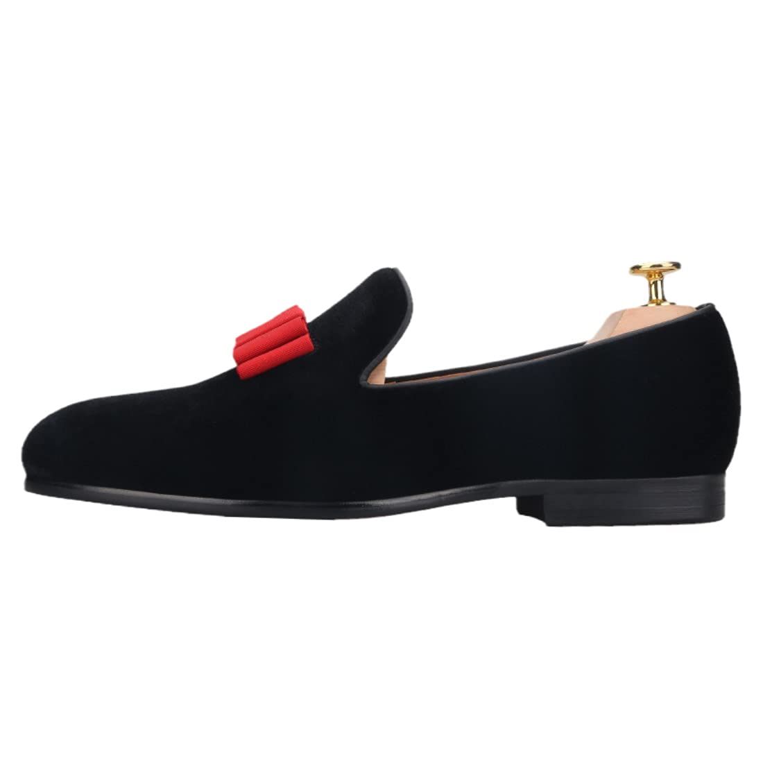 FERUCCI Men's Black Velvet Loafers with Red Bow - Formal Dress Shoes for Prom, Wedding & Evening Events - Comfortable Slippers for Special Occasions