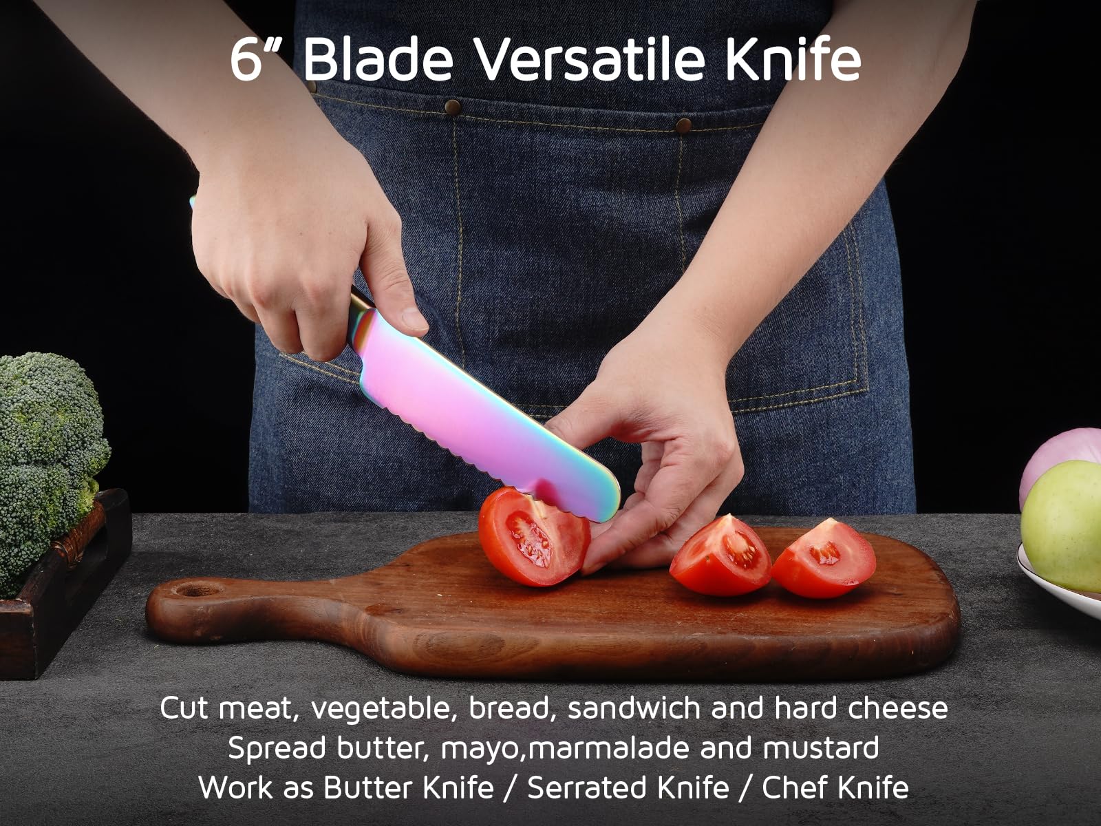 WELLSTAR 6 Inch Serrated Utility Knife - High Carbon Stainless Steel Blade for Cutting Bread, Vegetables, Meat - Rainbow Butter Spreader Knife | Perfect for Kitchen, Picnics, Camping & BBQ Parties