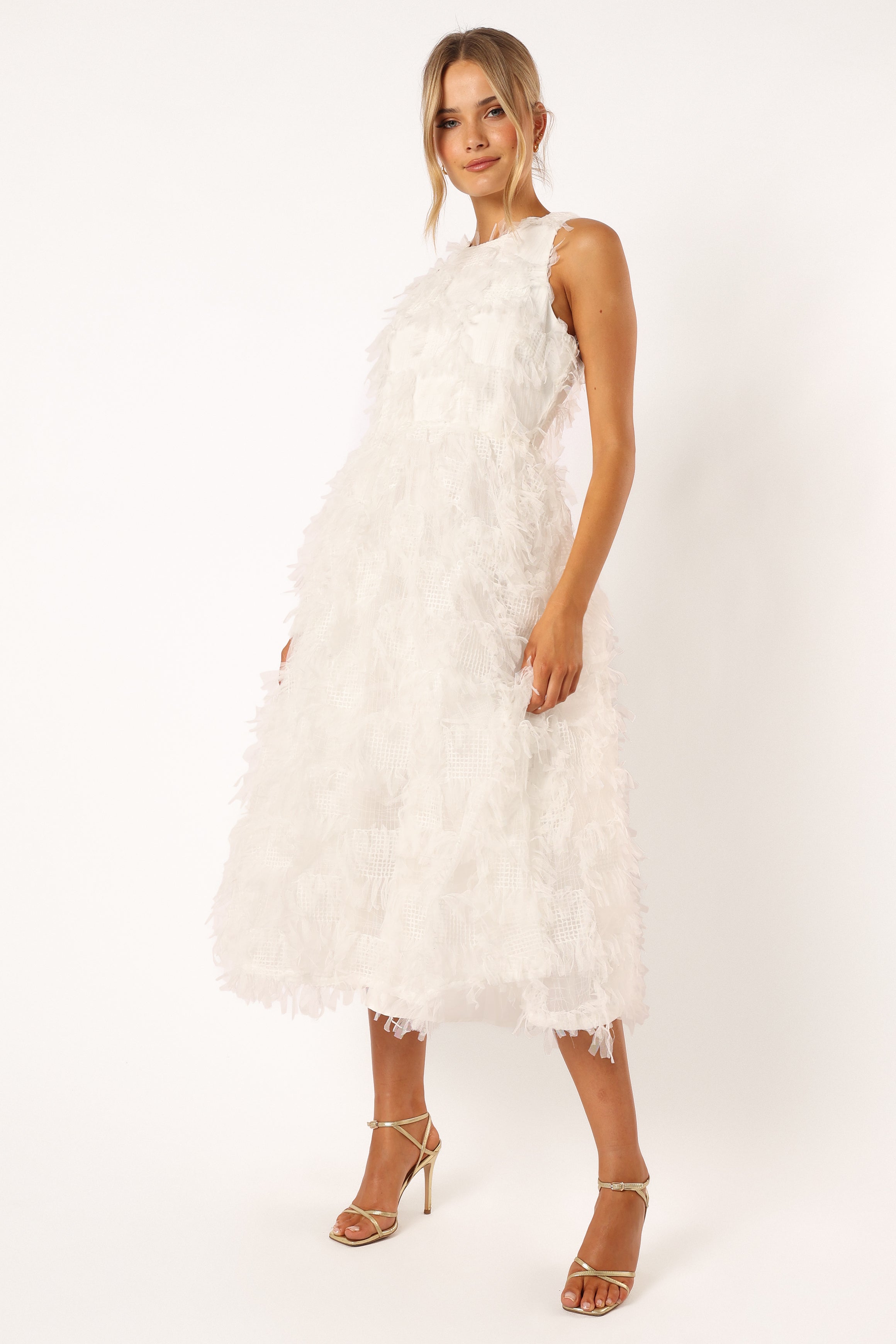 Florence Feathered Midi Dress for Women - Elegant White Party Dress with Feather Trim, Perfect for Weddings, Cocktail Parties & Special Occasions