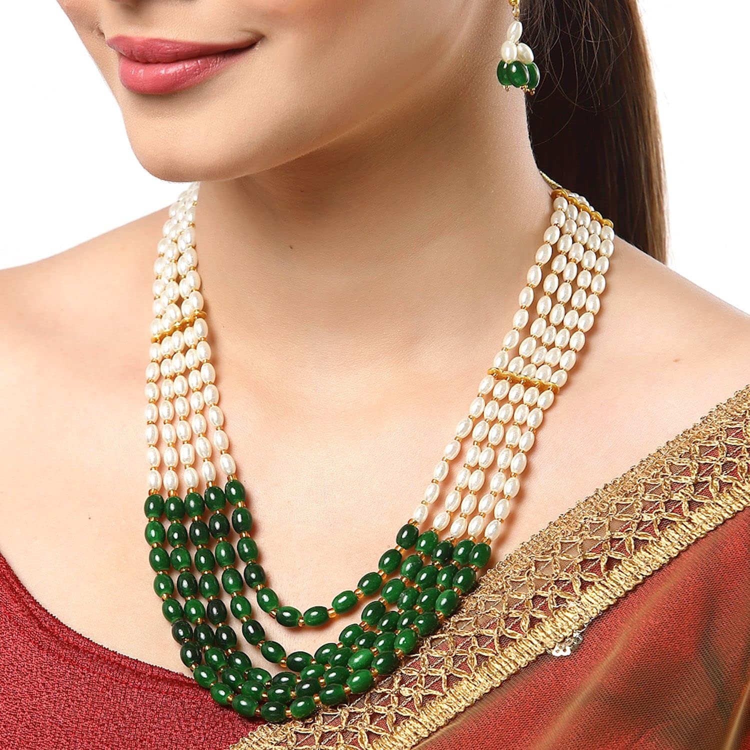 KENNICE Vintage Pearl Jewelry Set - 5-Layer Rajasthani Style Necklace with Earrings for Women & Girls | Bridal, Party & Boho Fashion Accessories