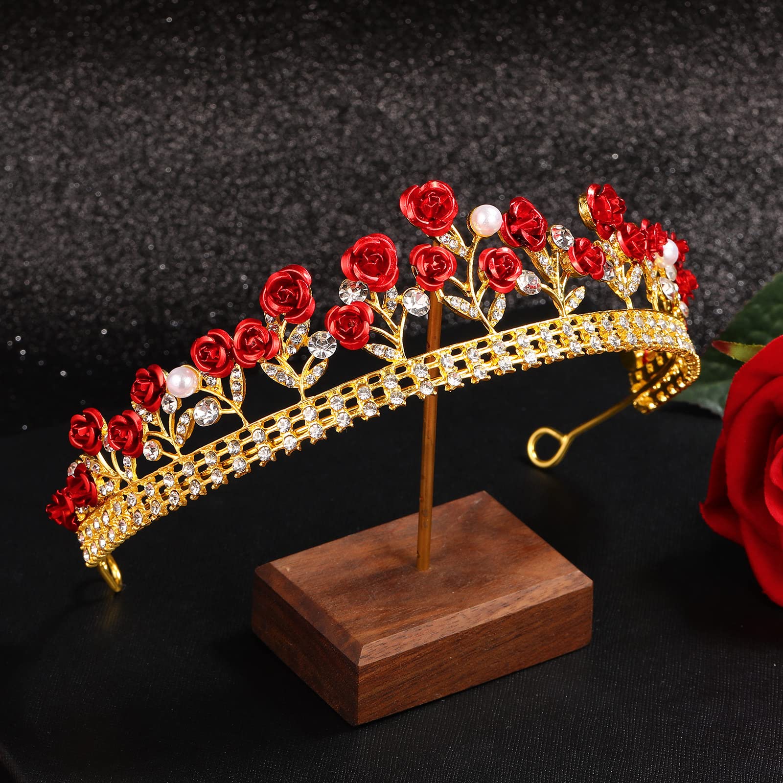 Sureio Bridal Wedding Queen Crown & Rose Jewelry Set - Red Rose Tiara, Long Necklace, Dangle Earrings for Women | Perfect for Wedding, Engagement, Halloween, Birthday Party & Special Occasions