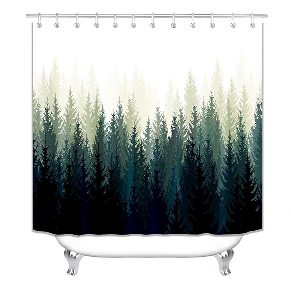 Lotus Karen Green Misty Forest Watercolor Pine Tree Shower Curtain Set - 72x72 Inch Polyester Bathroom Decor with 12 Hooks | Nature-Inspired Bath Curtain for Rustic, Bohemian & Modern Bathrooms