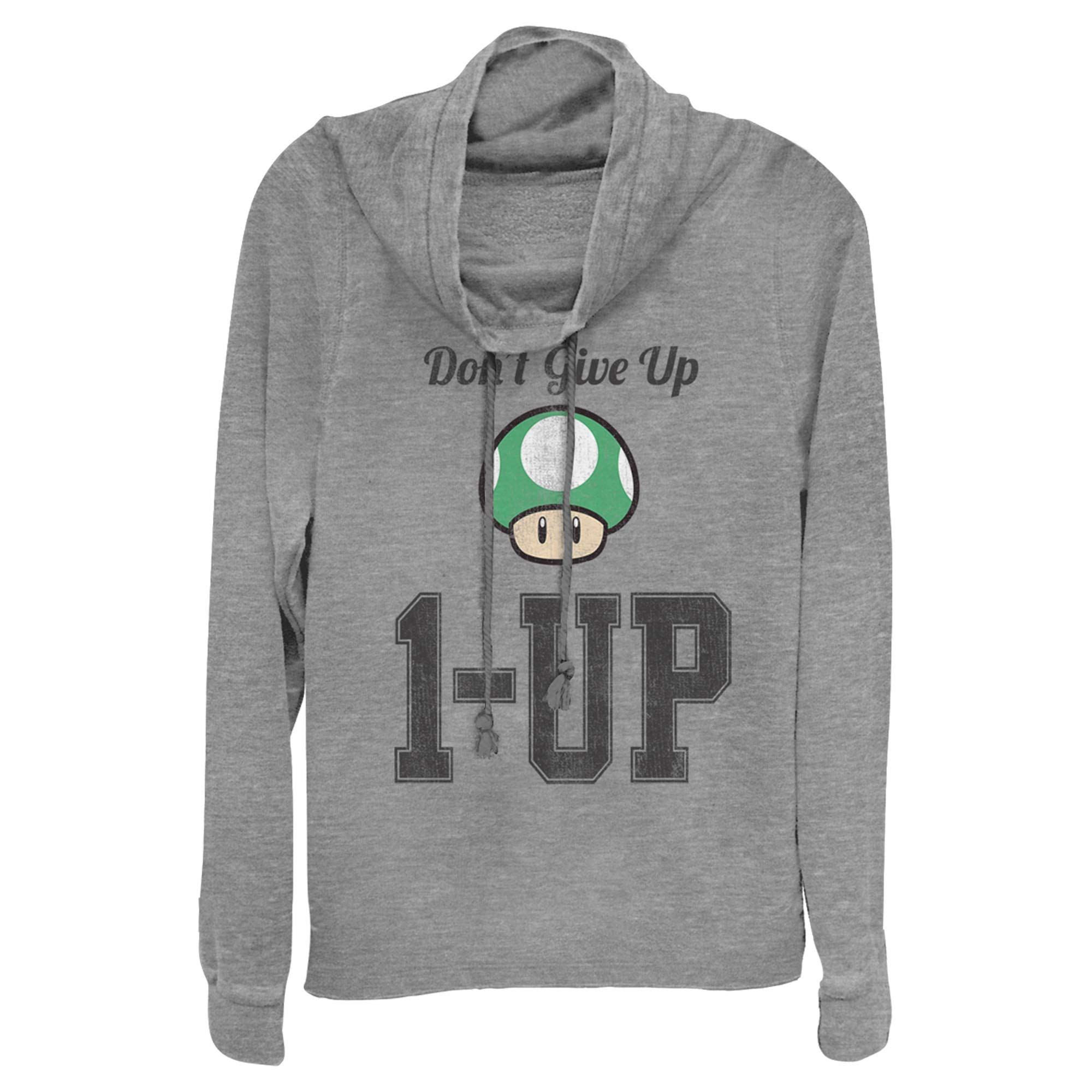Junior's Nintendo Don't Give Up Level Up Mushroom Cowl Neck Sweatshirt | Super Mario Inspired Gaming Hoodie | Perfect for Cosplay, Gaming Events & Casual Wear