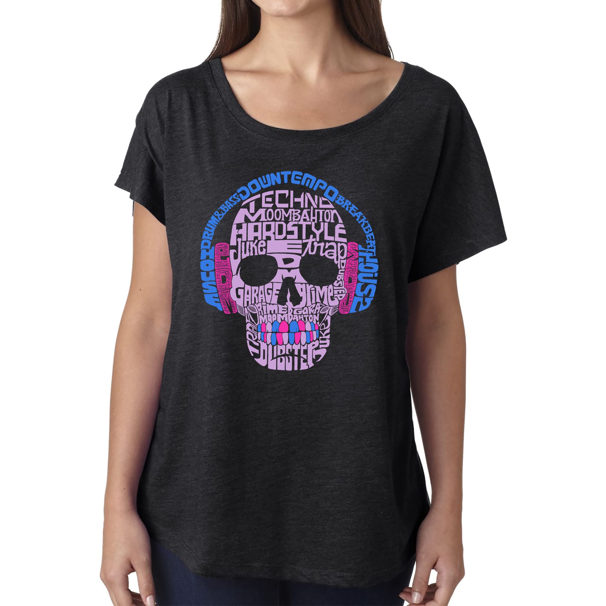 LA POP ART Women's Loose Fit Dolman Sleeve Graphic T-Shirt - Trendy Word Art Tee for Concerts, Raves & Casual Streetwear
