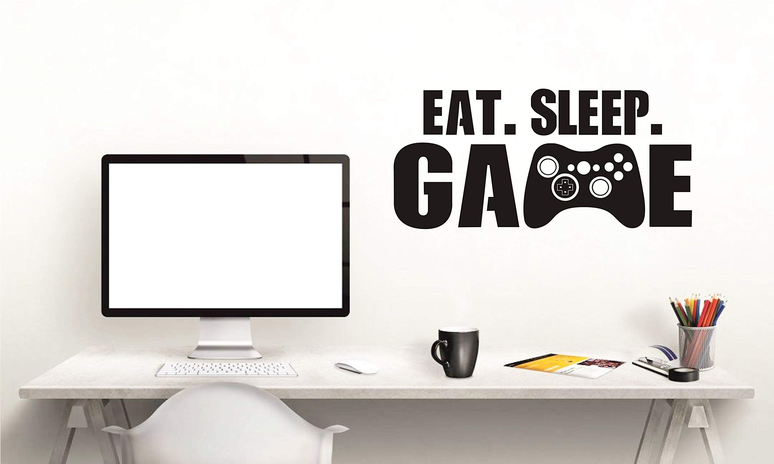 Eat Sleep Game Wall Decal - Gamer Controller Vinyl Wall Stickers for Kids Bedroom & Nursery Decor - Black Video Game Themed Wall Art - Perfect for Gaming Room, Teen Bedroom & Gamer Gifts