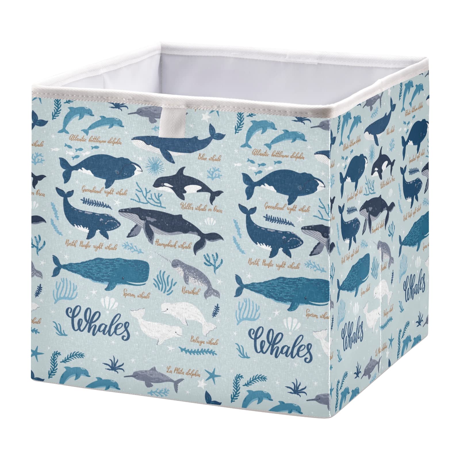 Collapsible Storage Box - Foldable Square Basket Bin with Marine Sea Whales & Blue Seaweeds Design | Light Blue Nursery Organizer for Toys, Clothes | Easy to Assemble | Perfect for Kids' Room, Playroom & Home Organization