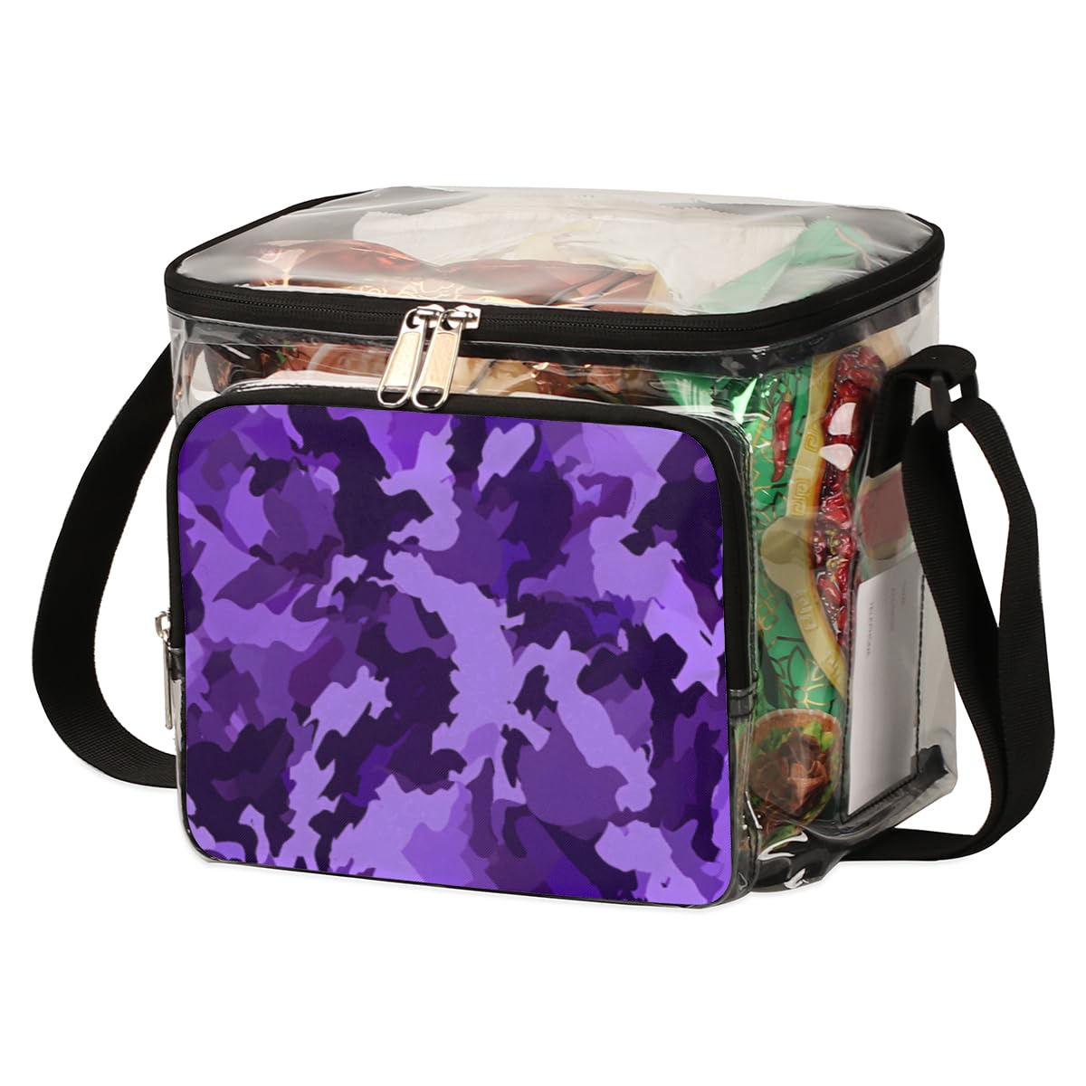 GzLeyigou Camouflage Print Clear Tote Bag with Handles - Purple & Black Camo Transparent Crossbody Shoulder Bag for Lunch, Outdoor, Travel, Picnic, Concerts, Sports Events | Stadium Approved Clear Purse for Women & Men | Perfect for Music Festivals, Beach Days and Shopping Trips