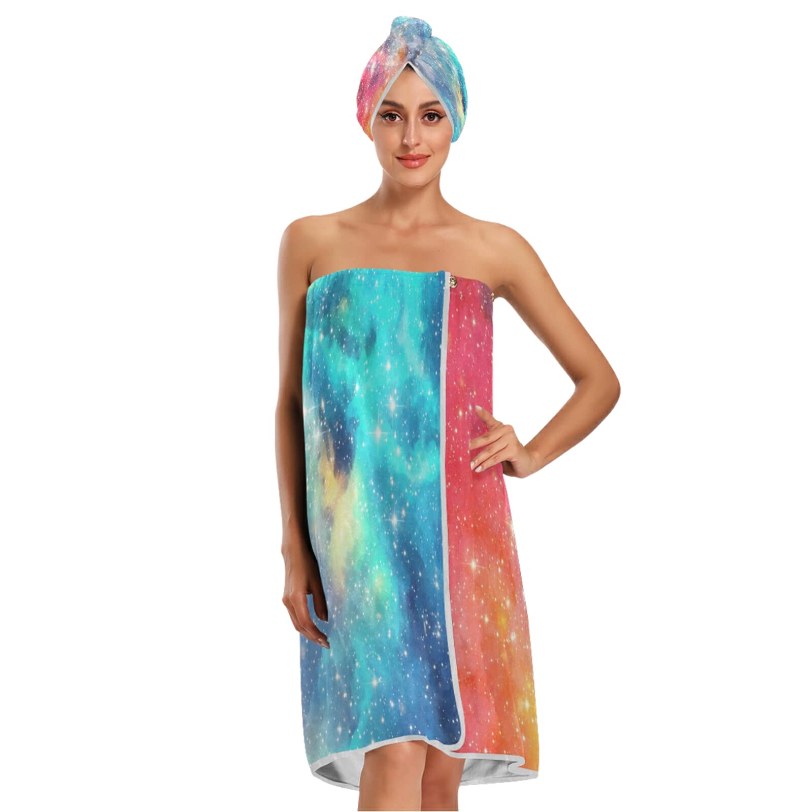 XIGUA Women's Quick Dry Bath Towel Wrap Set - Adjustable Spa Robe & Hair Towel in Multicolor Galaxy Star Print - Perfect for Shower, Bath, Pool & Beach Cover Up