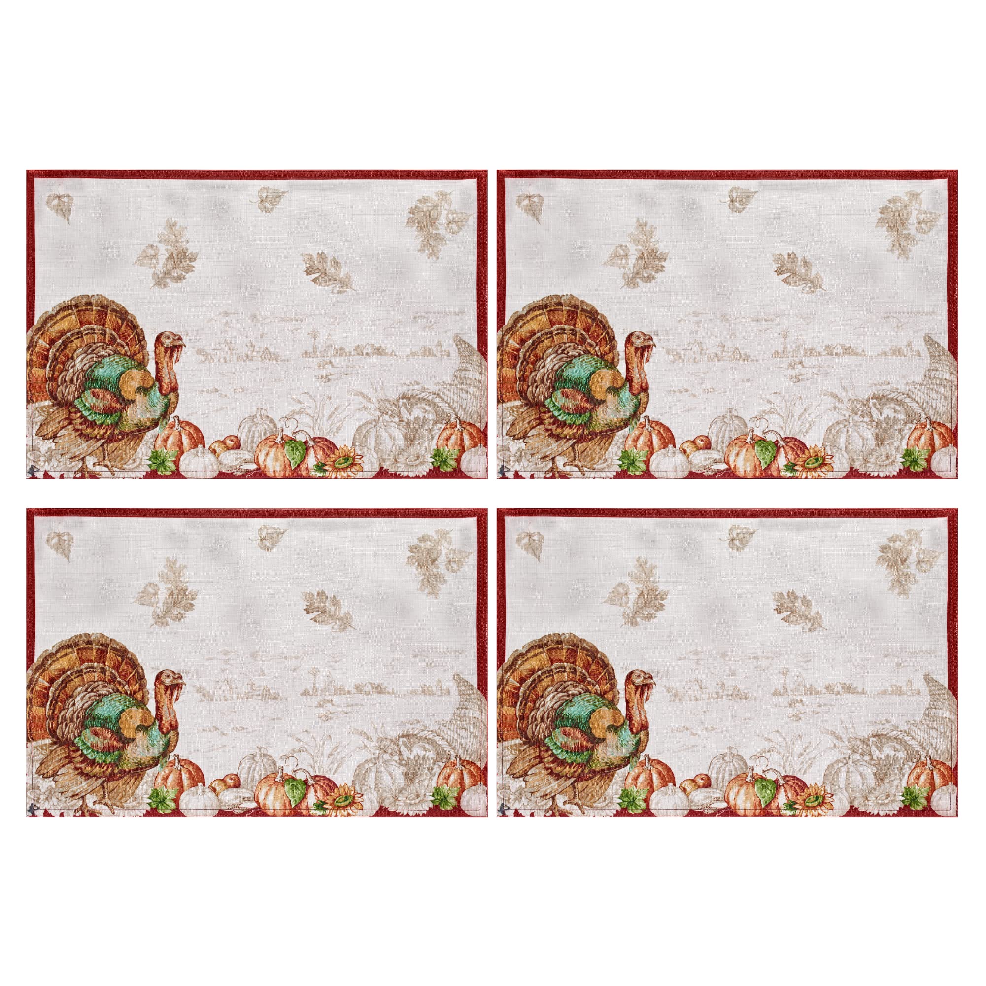 Elrene Home Fashions Thanksgiving Placemats - Set of 4 Fall Table Mats with Turkey Border Design, 13x19 Inch Seasonal Dining Decor for Autumn, Harvest & Holiday Dinner Parties