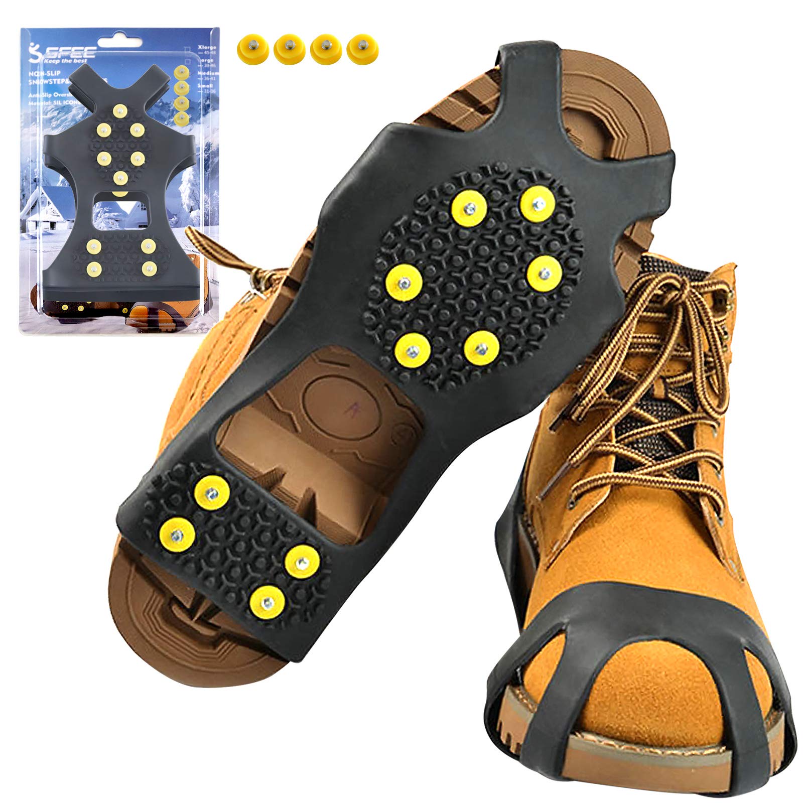 Sfee Ice Cleats for Boots & Shoes - 10 Steel Studs Anti-Slip Traction Crampons for Snow & Ice - Winter Snow Grips for Hiking, Walking, Climbing & Jogging - Perfect for Outdoor Adventures, Winter Sports & Icy Commutes