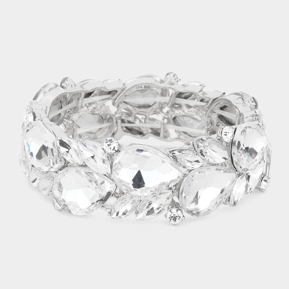 Sparkling Teardrop & Marquise Stone Cluster Stretch Pageant Bracelet - Chunky Bling Bracelet for Women | Elegant Jewelry for Prom, Pageants, Weddings & Special Occasions