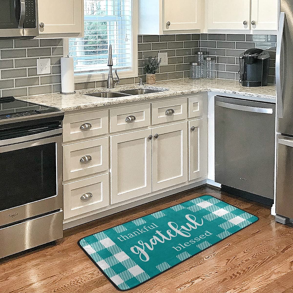 Buffalo Check Sunflower Kitchen Rug - Washable Non-Slip Floor Mat for Kitchen, Turquoise Plaid Anti-Fatigue Comfort Mat - Perfect for Farmhouse Decor & High-Traffic Areas