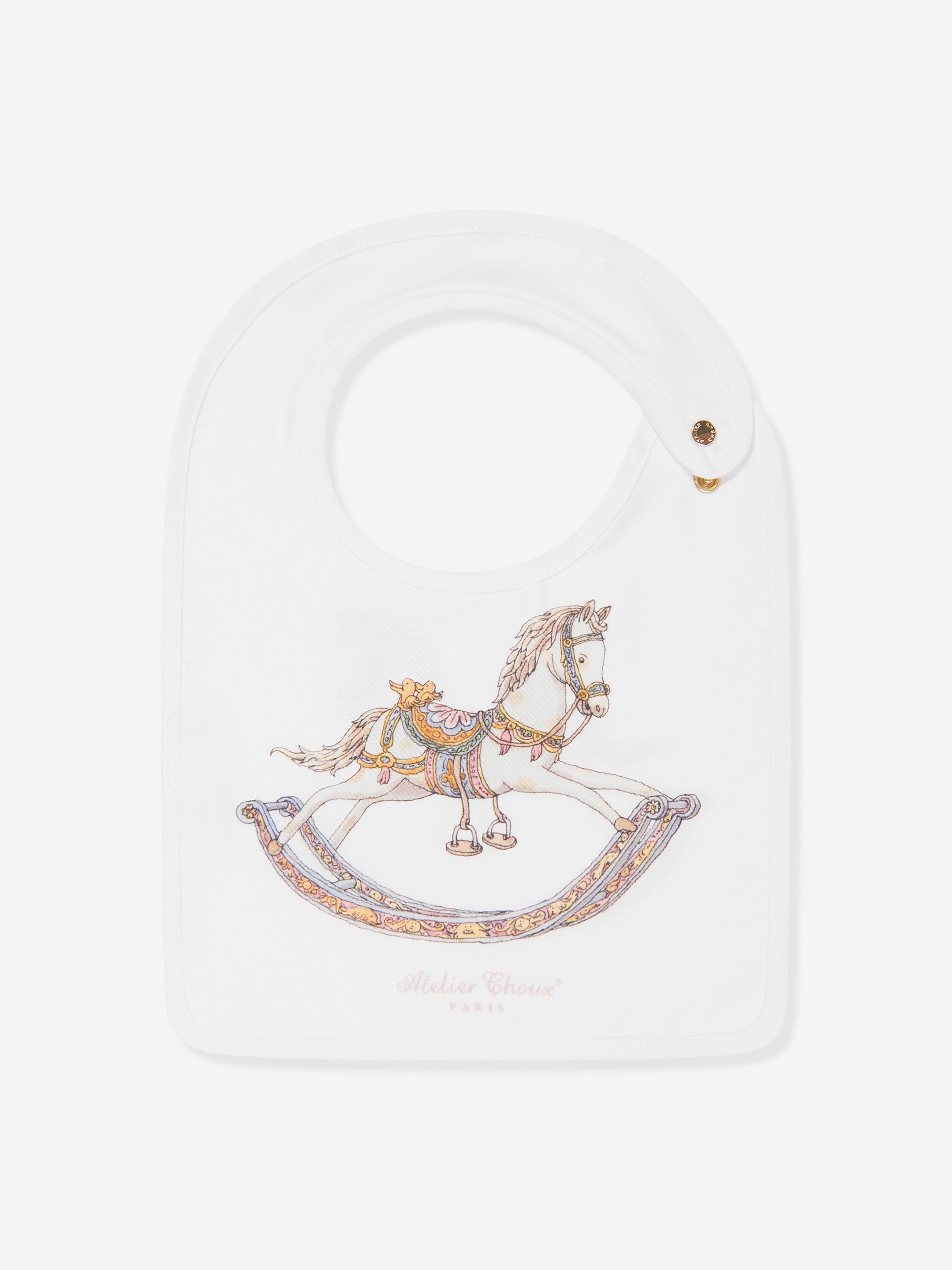 Atelier Choux Baby Rocking Horse Swaddle & Satin Bib Gift Set - Premium White Cotton Newborn Essentials for Shower & Nursery Decor