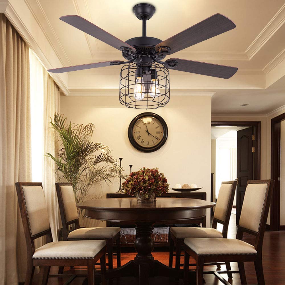 52 Inch Black Industrial Ceiling Fan with Light - Vintage Cage Wood Chandelier Style, Retractable Blades & Remote Control (3 E26 Bulbs Required) - Perfect for Farmhouse, Loft & Industrial Decor