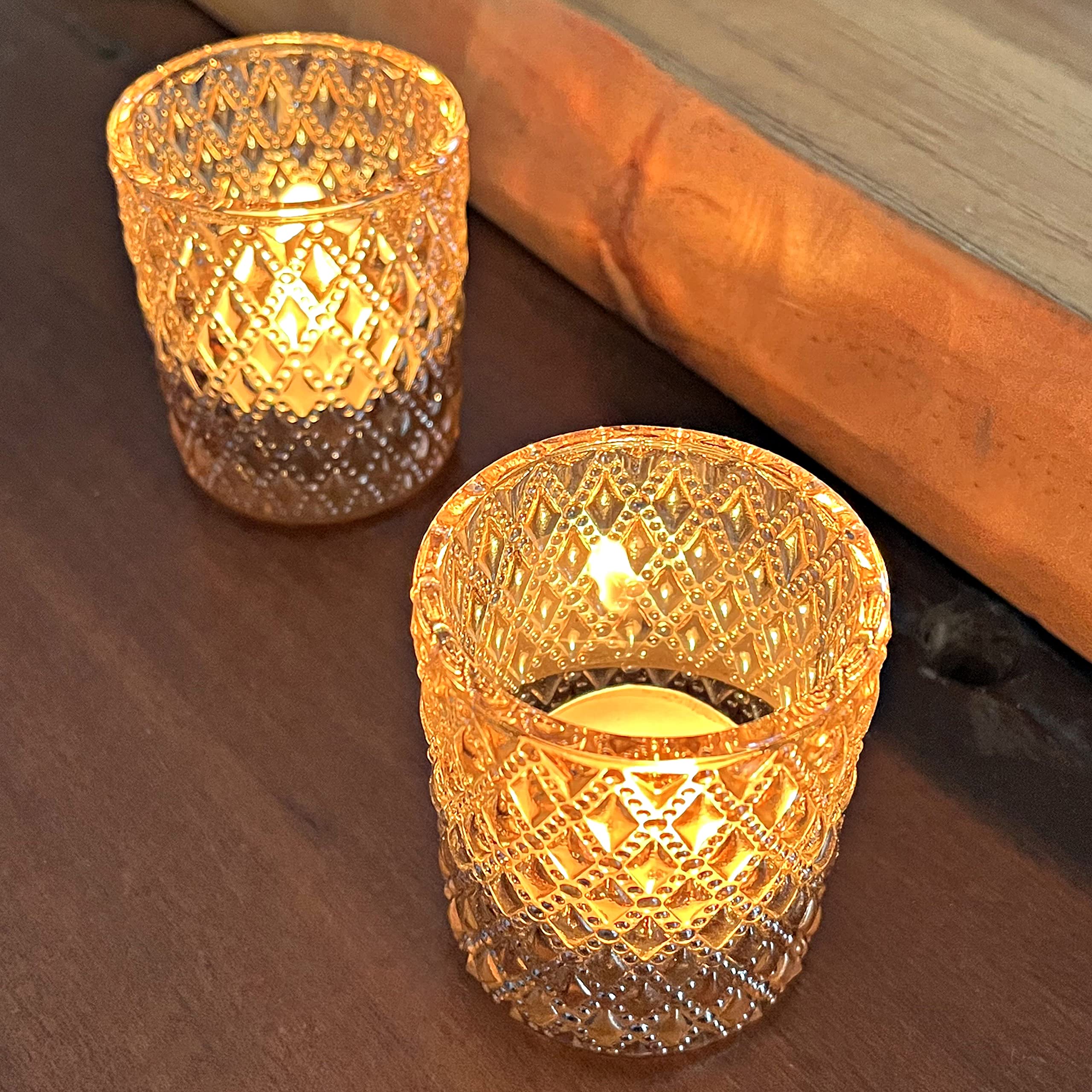 SHMILMH 12-Pack Champagne Gold Glass Votive Candle Holders - Elegant Tealight Candle Holders for Wedding Centerpieces, Birthday Party Decor, Halloween & Thanksgiving Table Settings - Perfect for Romantic Dinners, Spa Nights and Holiday Home Decor