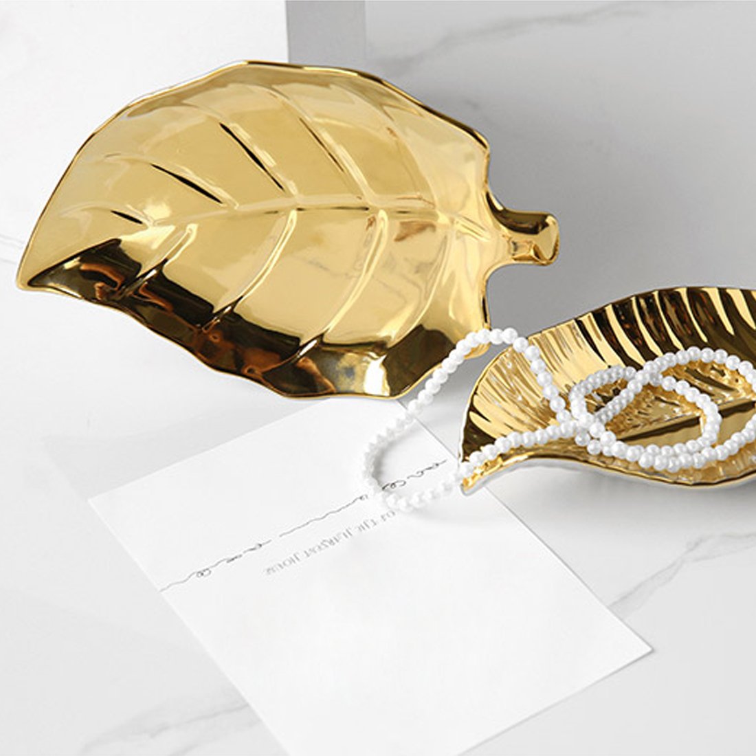 Gold Plated Ceramic Leaf Jewelry Tray - 8.4