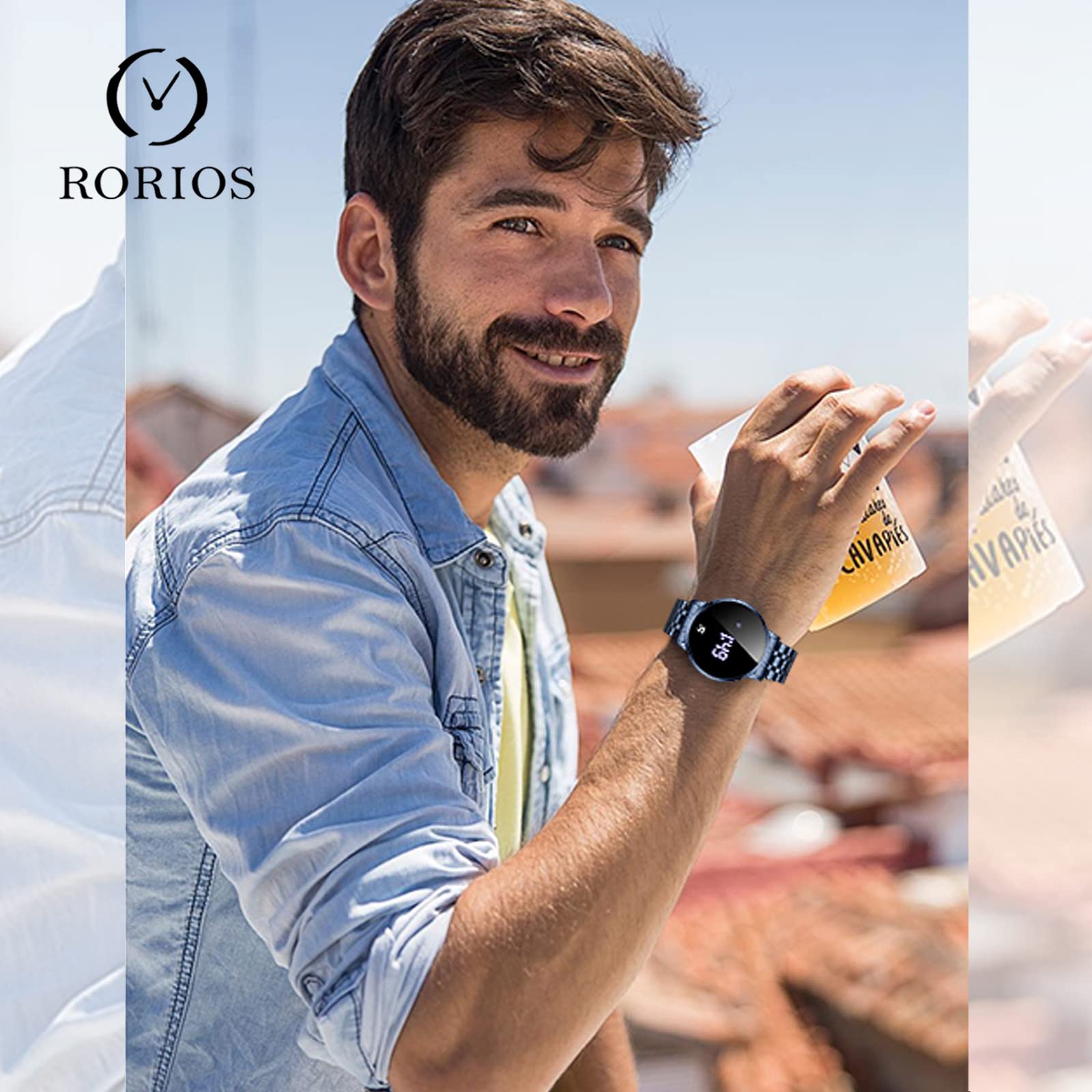 RORIOS Men's Digital Sports Watch - Touch Screen, Quartz Movement, Stainless Steel Strap - Waterproof Fitness Tracker for Running, Swimming & Outdoor Activities