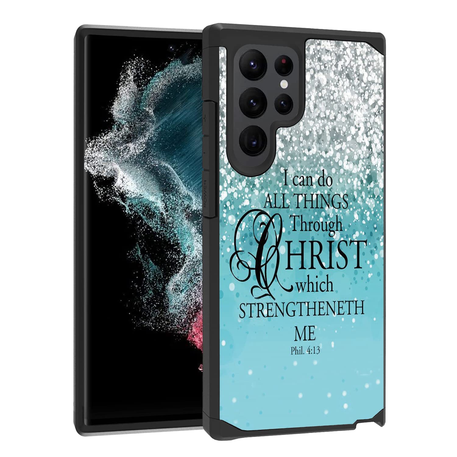 Samsung Galaxy S22 Ultra Case - Hybrid Hard PC & Soft Silicone Dual Layer Shockproof Protective Cover with Bible Verse Phil 4:13 - Perfect for Daily Use, Travel, and Outdoor Activities