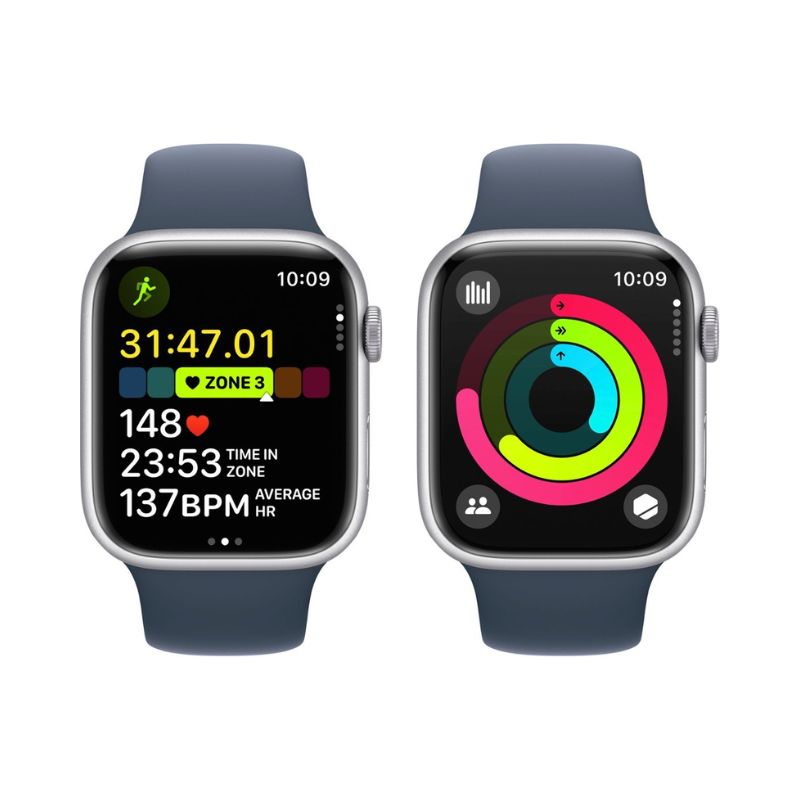 Apple Watch Series 9 (GPS) 45mm Silver Aluminum Case with Storm Blue Sport Band M/L - Perfect for Fitness Tracking & Everyday Wear