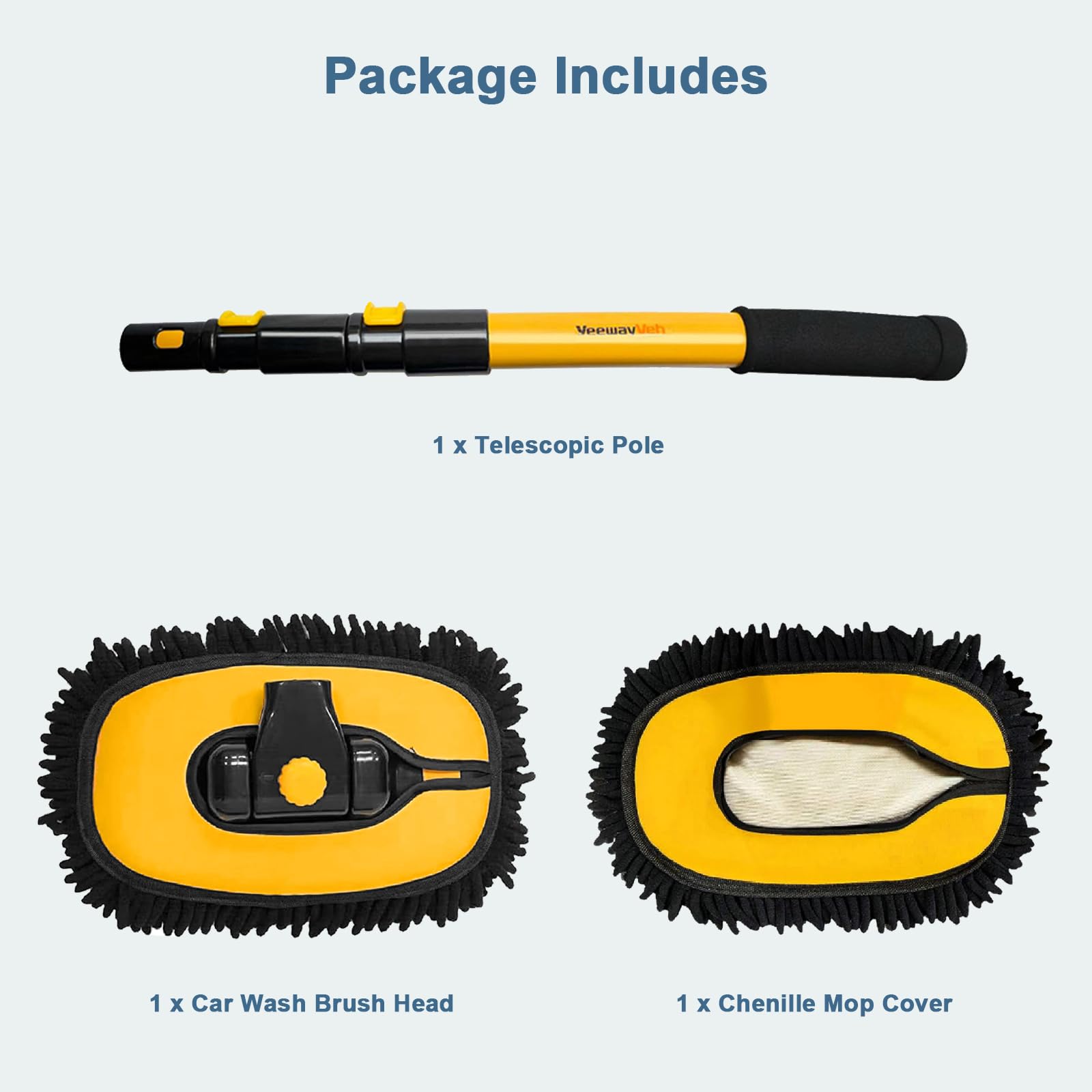 Premium Microfiber Car Wash Brush with Extendable 15° Curved Pole - Replaceable Chenille Brush Head for Gentle Cleaning - Ideal for RV, Truck, Camper & SUV Washing - Yellow Car Detailing Kit for Scratch-Free Shine