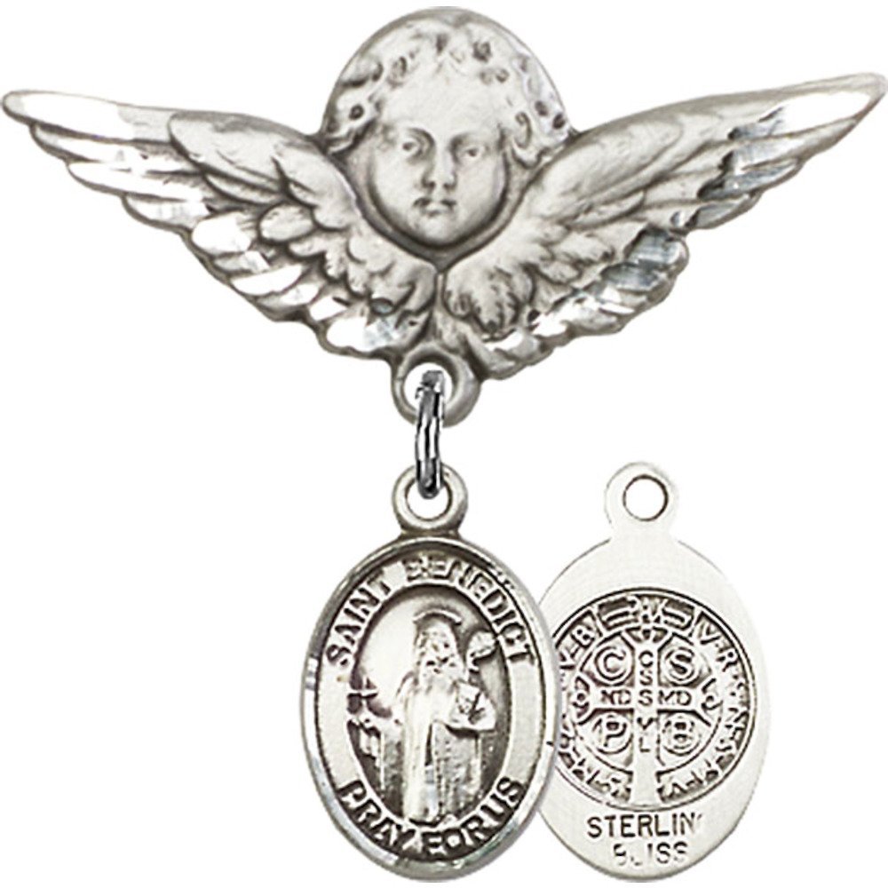 Sterling Silver Baby Badge with St. Benedict Charm & Angel Wing Pin - 1 1/8 X 1 1/8 Inches - Perfect for Christening Gifts, Baptism Jewelry & Baby Blessing Keepsakes