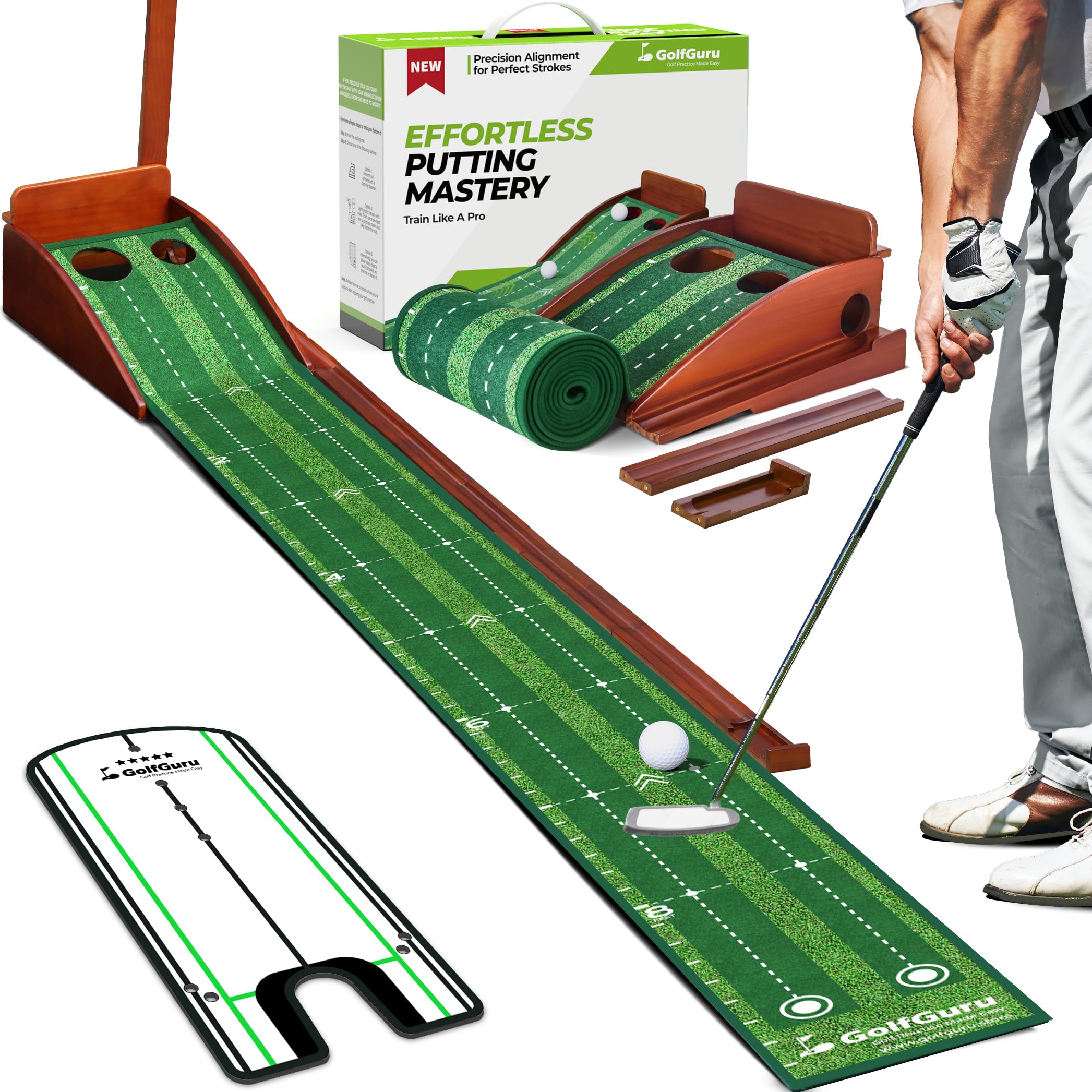 Premium 9.8ft Golf Putting Mat with Auto Ball Return & Alignment Mirror - Thick Wrinkle-Free Velvet Indoor Putting Green - Perfect Golf Training Aid for Home/Office Practice - Ideal Gift for Golf Enthusiasts