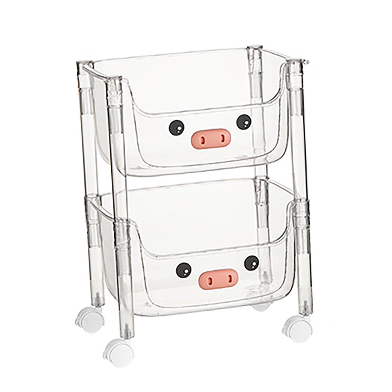 Sturdy 2-Tier Plastic Rolling Cart with Pig Nose Design - Kids Toy Storage Organizer & Snack Caddy for Playroom, Bedroom, or Kitchen Organization