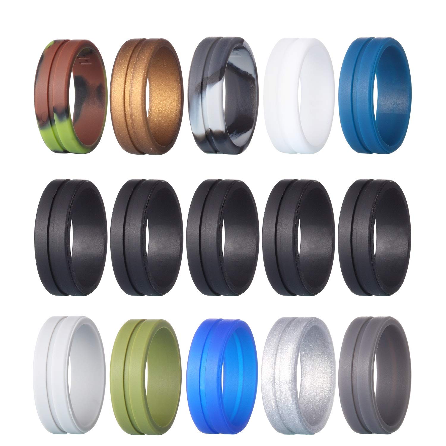 Rngeo 15 Pack Silicone Wedding Rings for Men - Durable Rubber Bands for Workout, Exercise & Gym - 11 Color Options - Perfect for Active Lifestyles, Sports & Outdoor Activities
