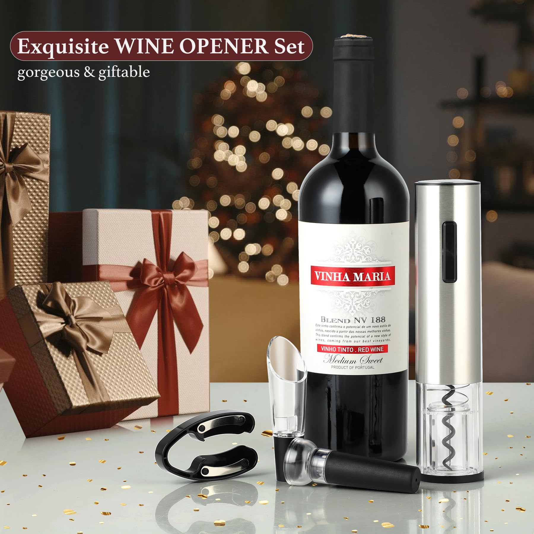 Rechargeable Electric Wine Opener Set - Automatic Cordless Stainless Steel Wine Bottle Opener with Stand, Foil Cutter, Pourer & Vacuum Stopper | Perfect Gift for Wine Lovers, Dinner Parties & Home Bars