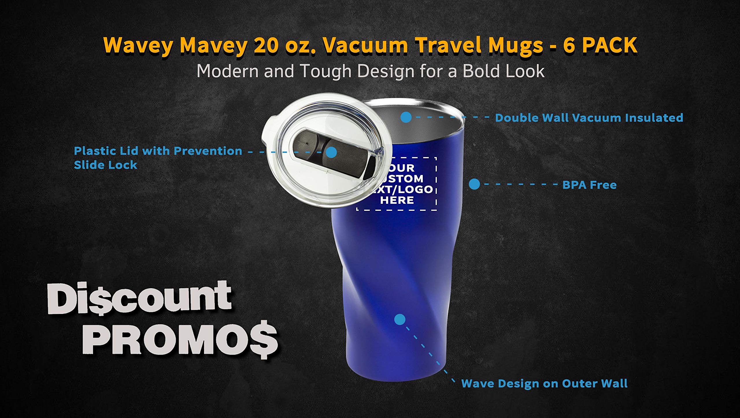 Custom 20 oz. Wavey Mavey Vacuum Insulated Travel Mugs - 6 Pack with Personalized Text & Logo (Blue) - Perfect for Coffee, Tea & Cold Drinks at Work, Gym or Road Trips