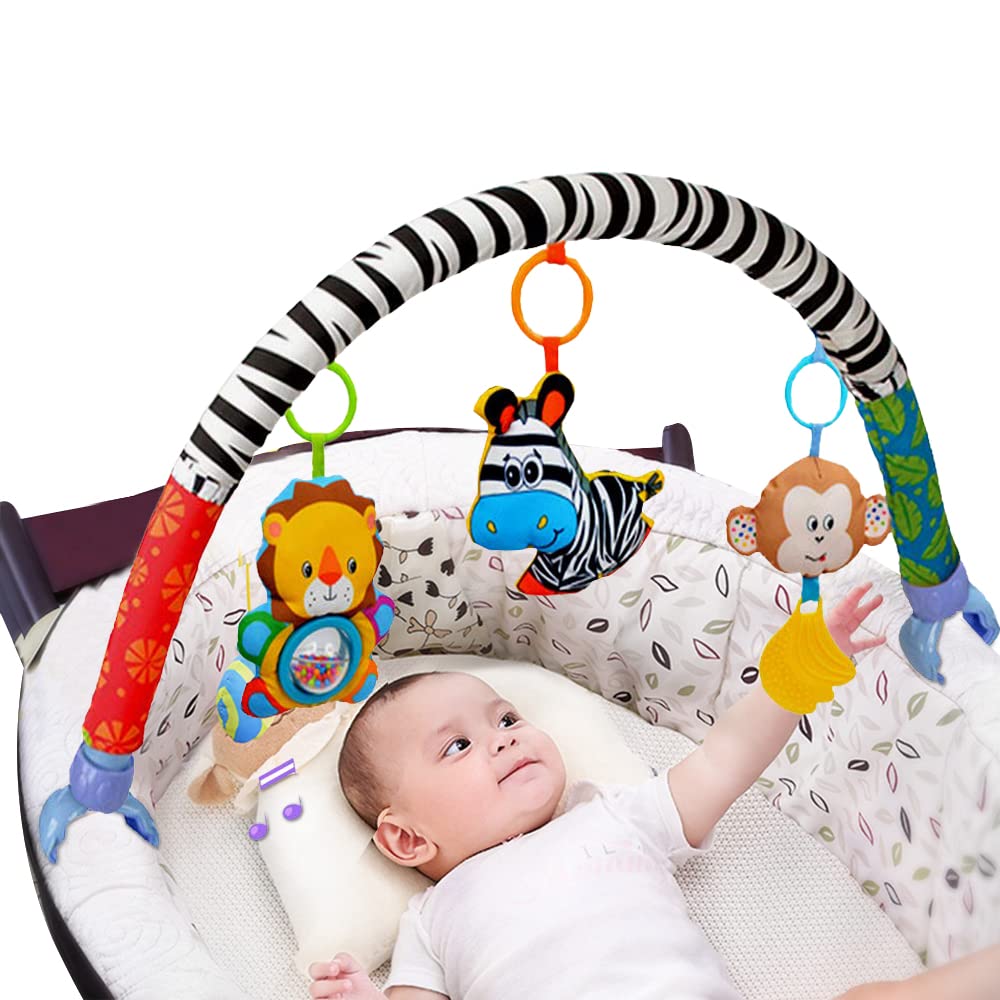 **Adjustable Baby Travel Play Arch - Detachable Musical Activity Toys for Bassinet, Crib, Stroller & Car Seat (11.6-20.2 Inch) with Rattles, Squeaker & Teether - Perfect for On-the-Go Playtime & Sensory Development**